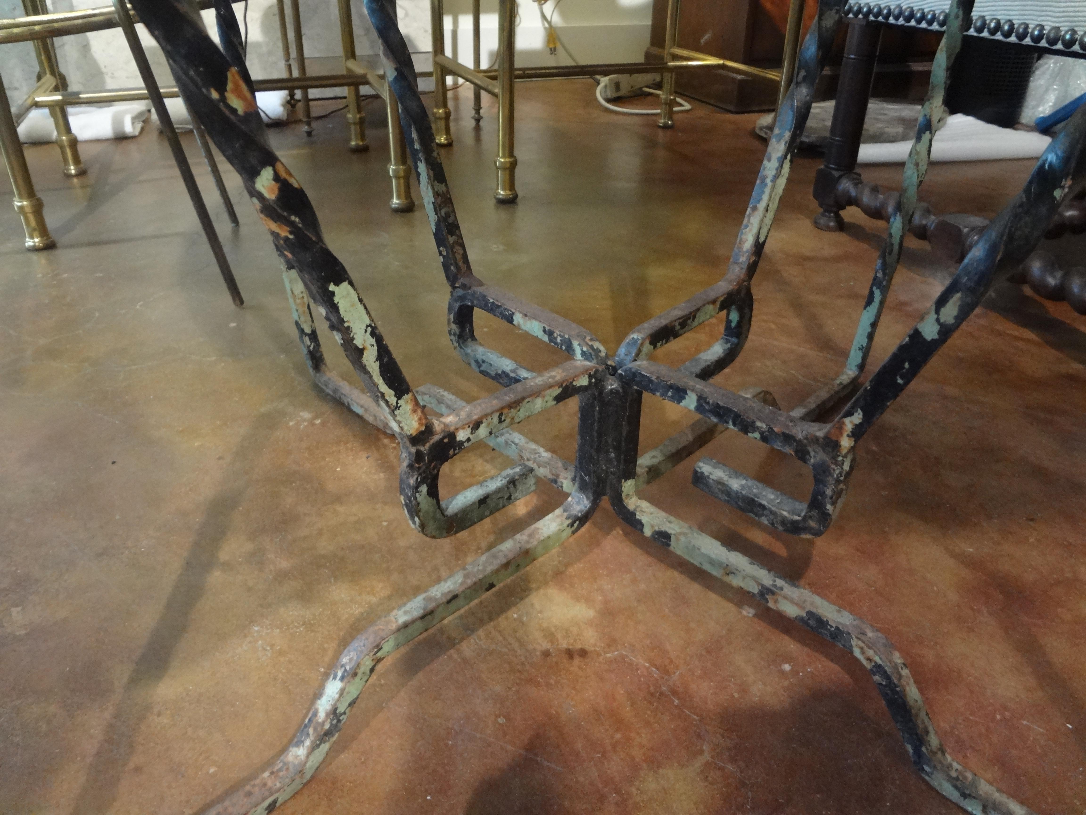 Neoclassical French Wrought Iron Center Table with Travertine Top For Sale