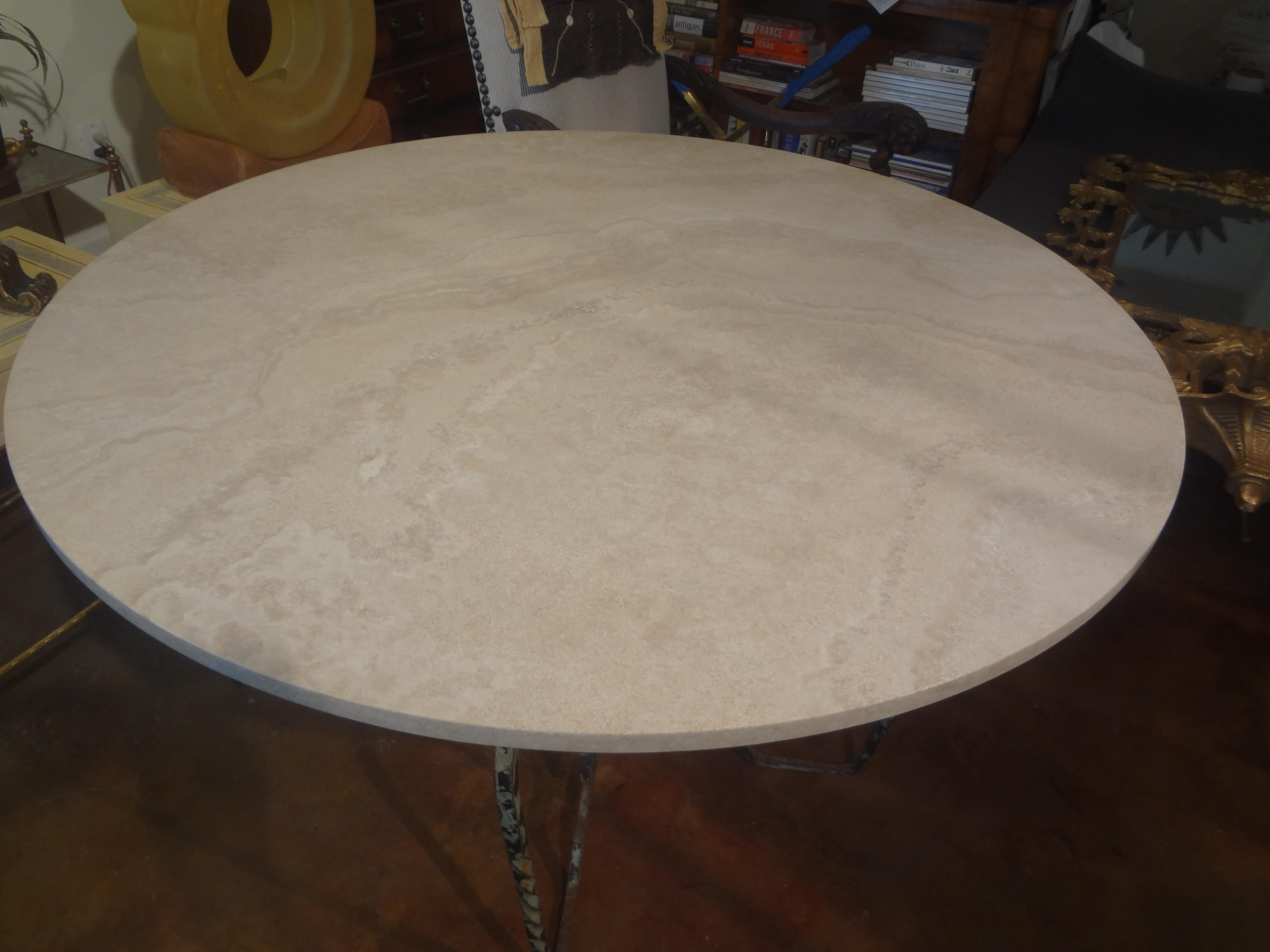 French Wrought Iron Center Table with Travertine Top For Sale 2
