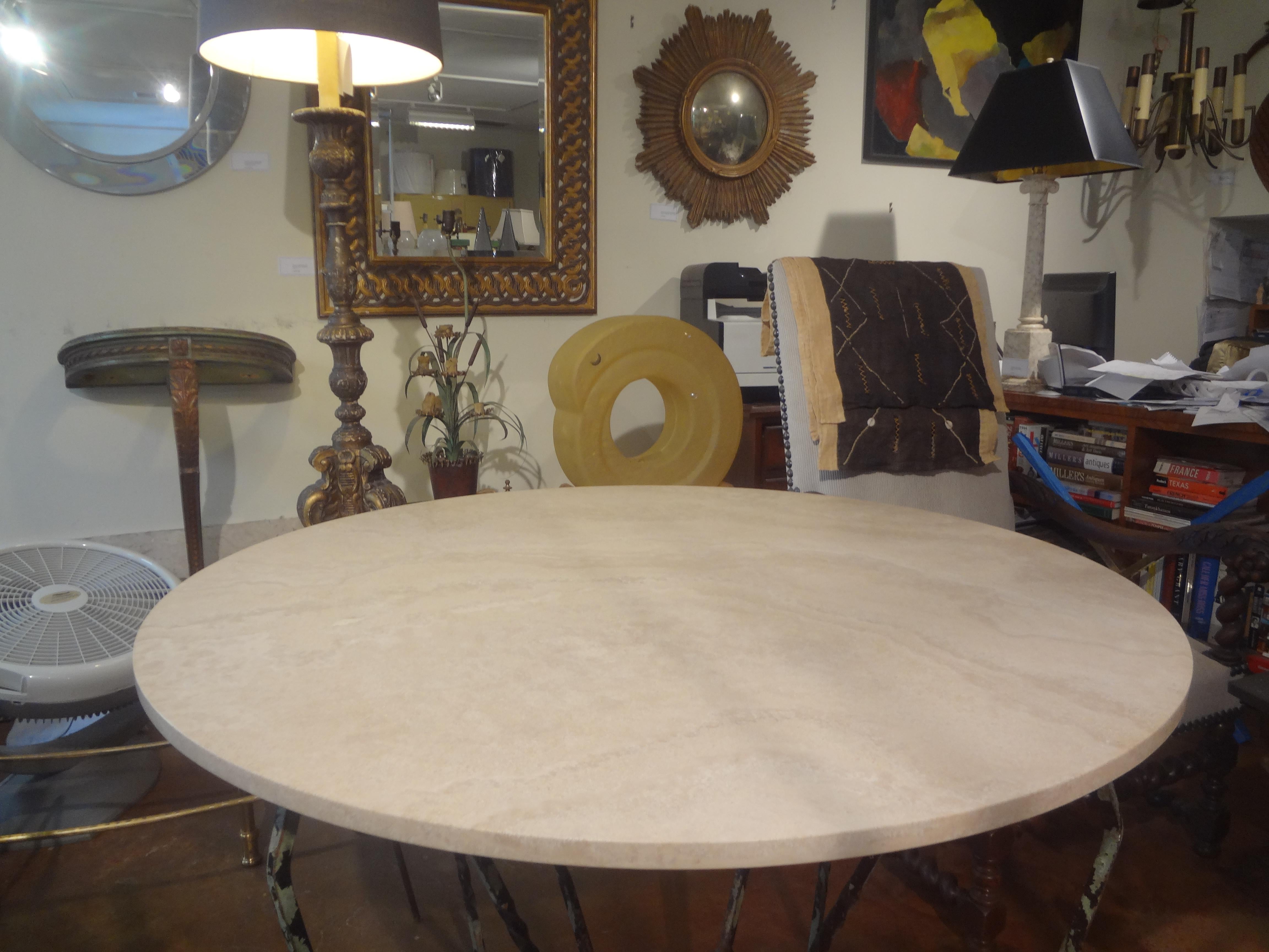 French Wrought Iron Table with Travertine Top For Sale 3