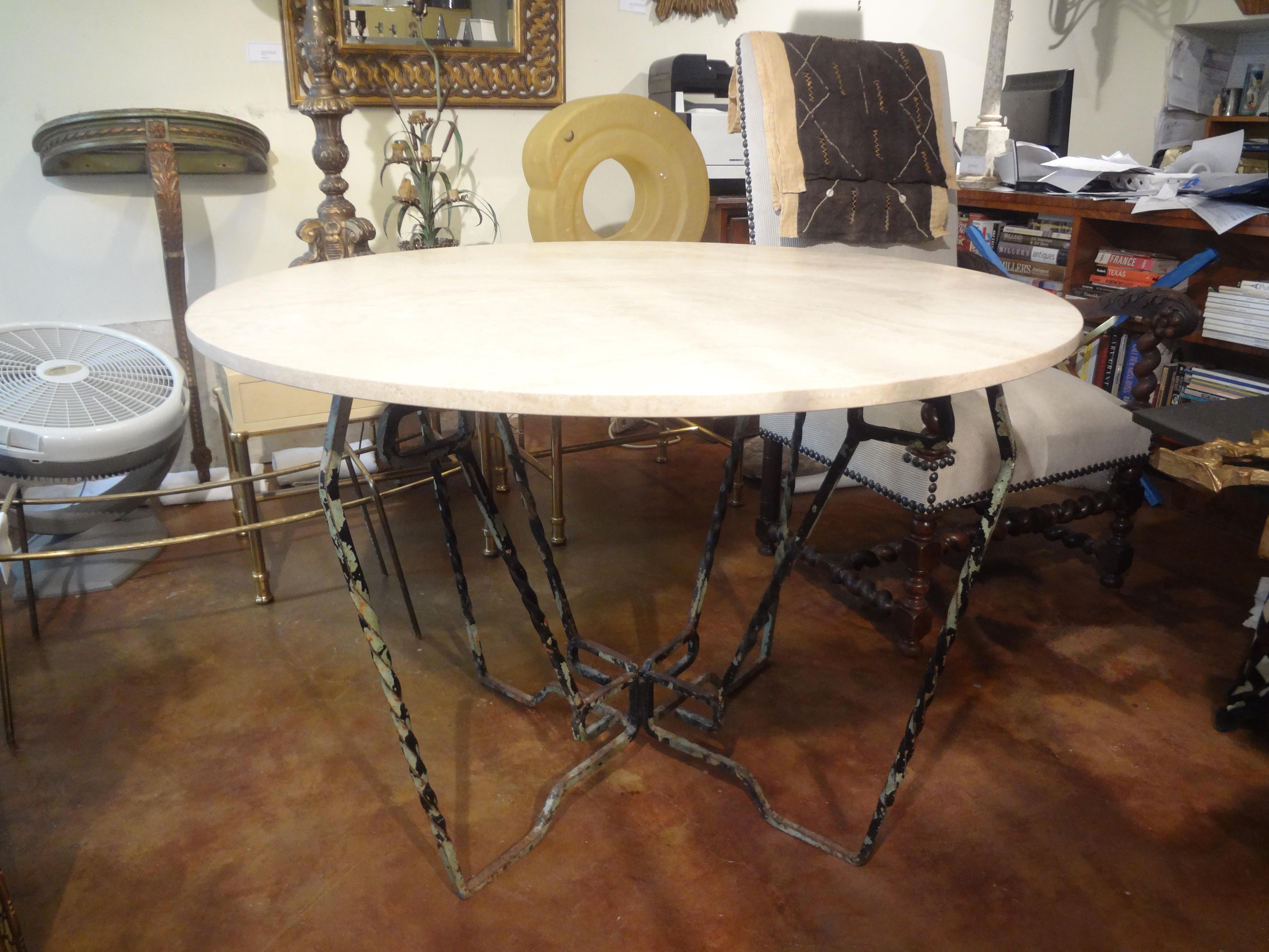 French Wrought Iron Center Table with Travertine Top For Sale 4