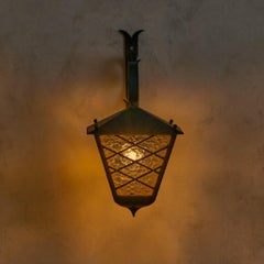 French Wrought Iron + Textured Glass Lantern Sconce, 1940s