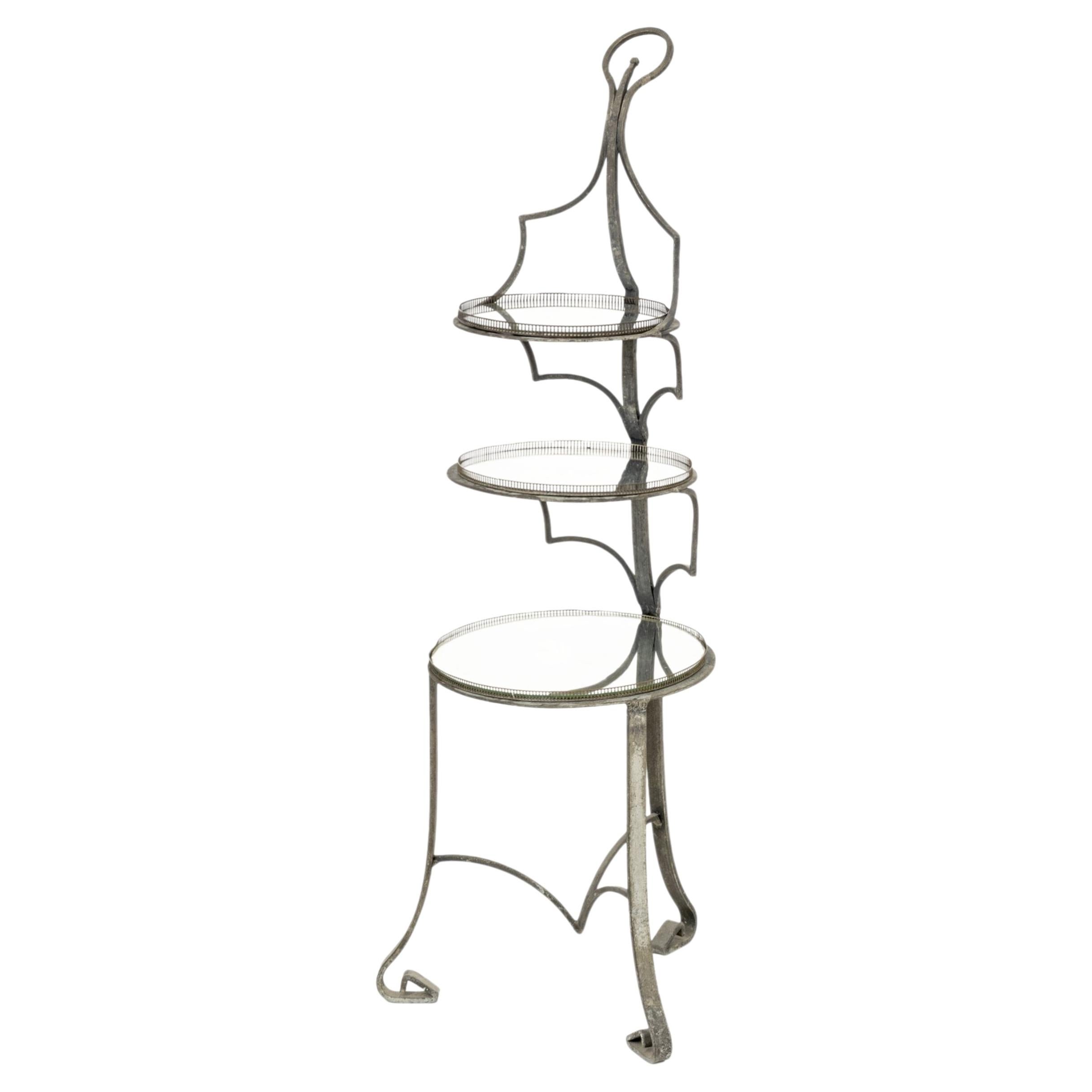French Wrought Iron Three-Tier Serving Stand with Mirrored Glass Tops For Sale