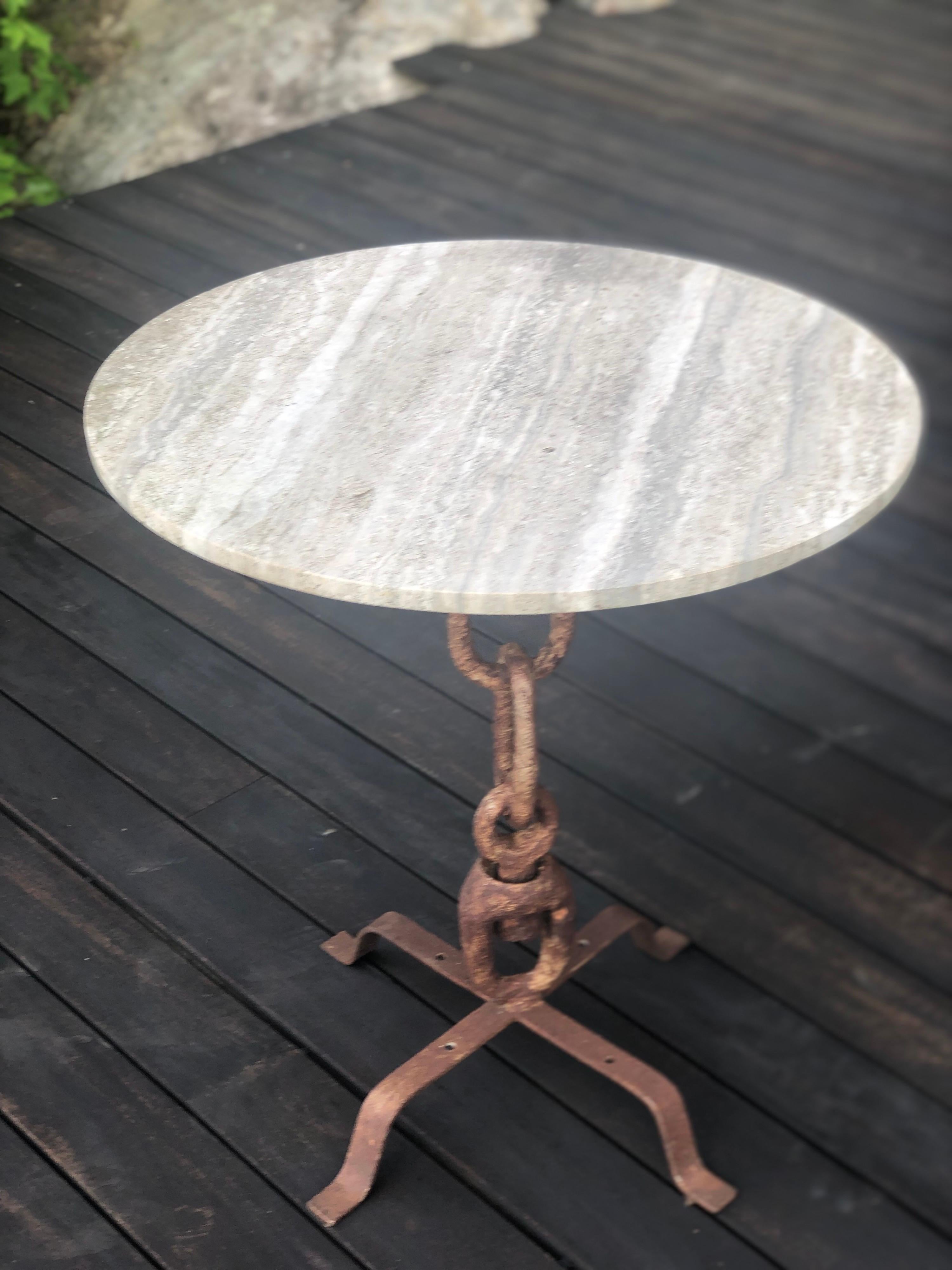 French Mid-Century Wrought Iron & Travertine Dining /Side or Garden Table, 1940 In Good Condition For Sale In New York, NY