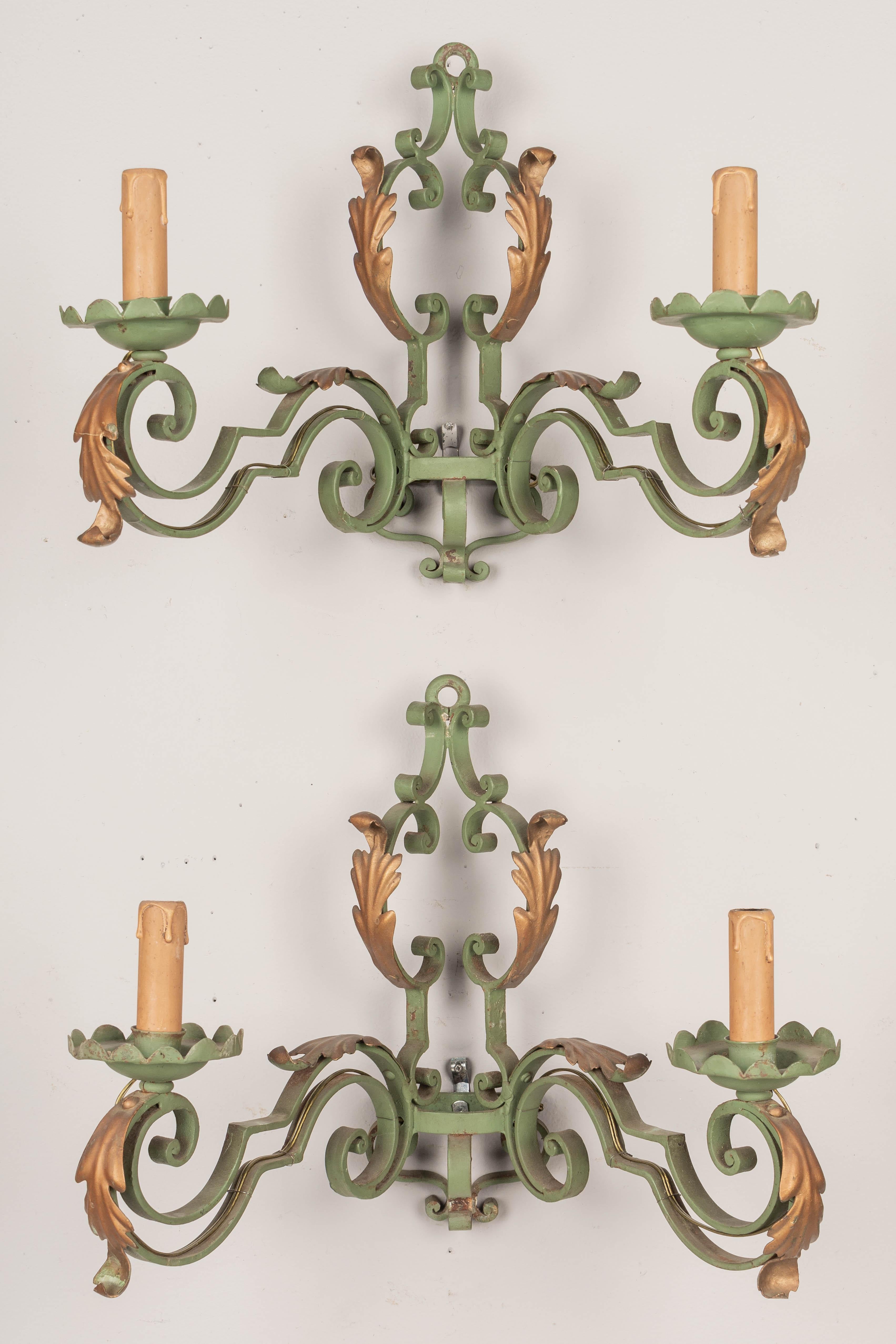 French Wrought Iron Verdigris Sconces Pair For Sale 5