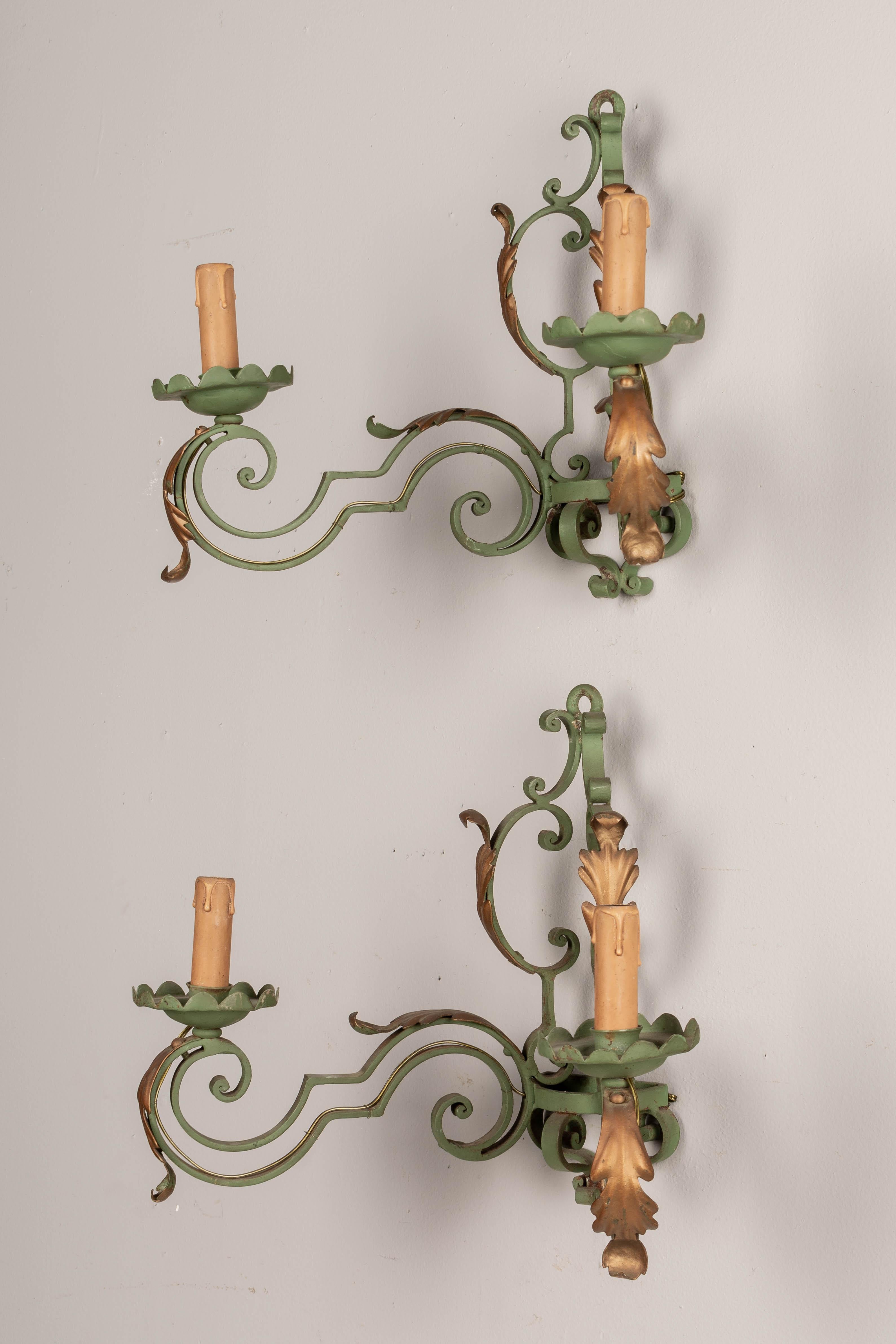 20th Century French Wrought Iron Verdigris Sconces Pair For Sale