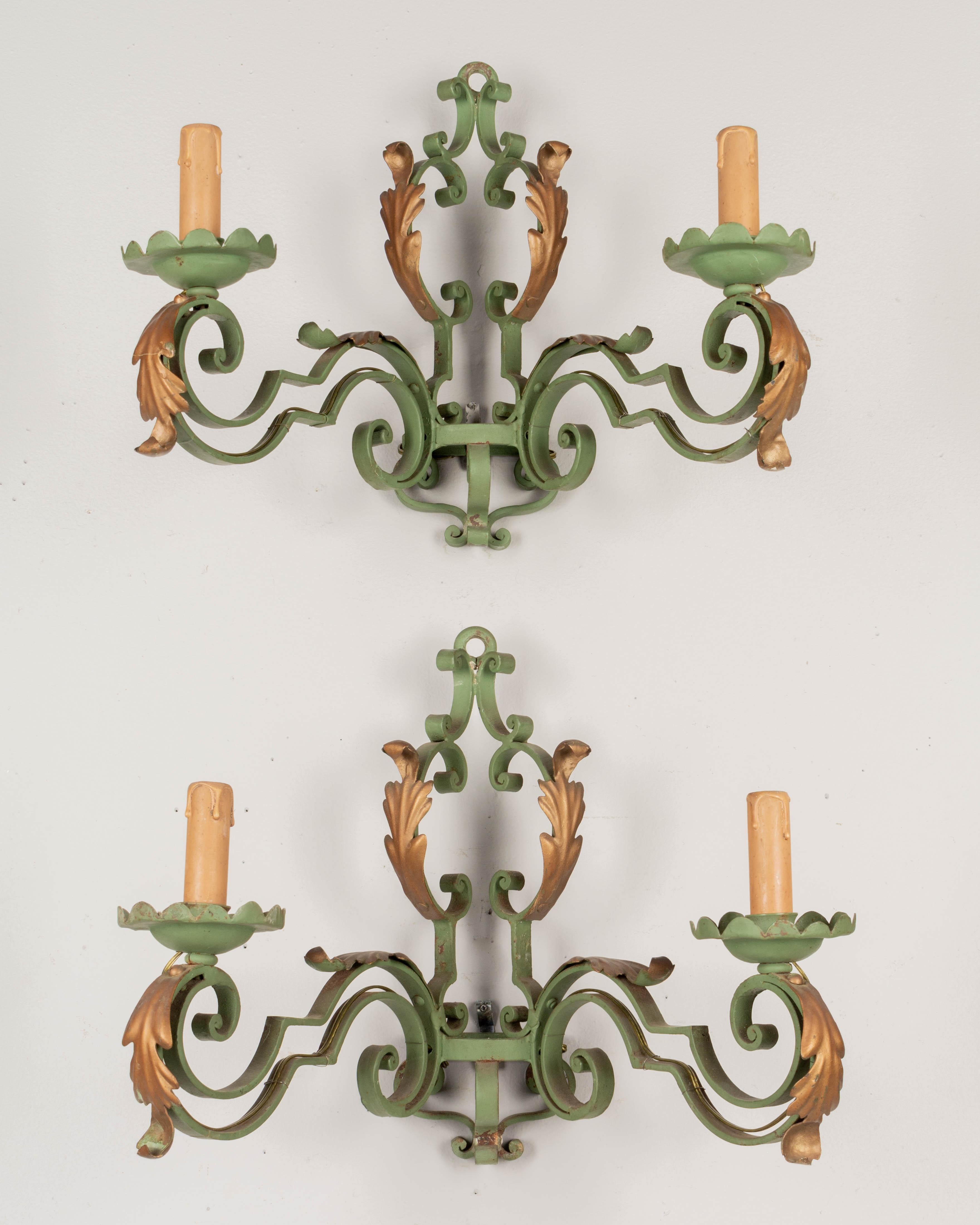 French Wrought Iron Verdigris Sconces Pair For Sale 1