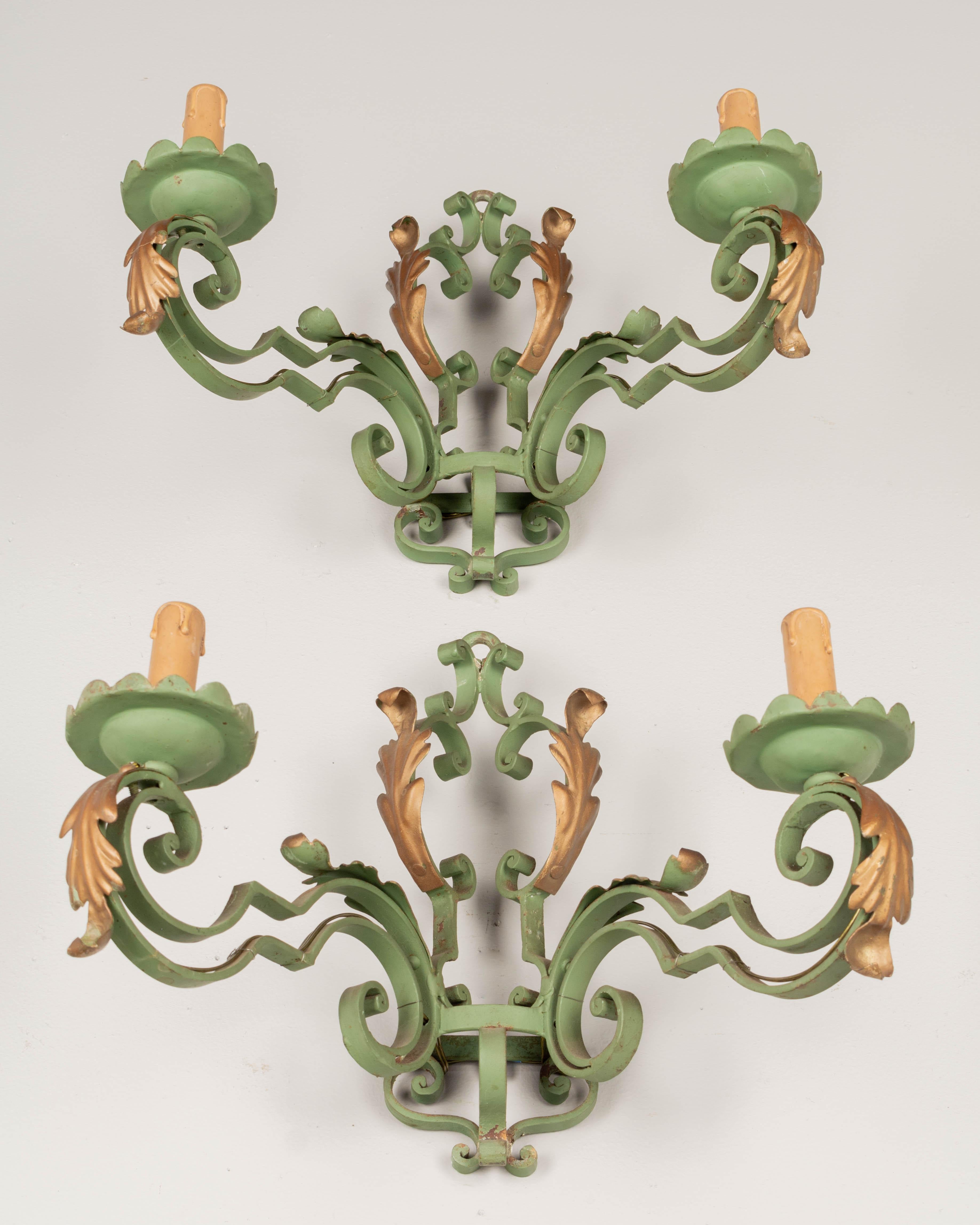 French Wrought Iron Verdigris Sconces Pair For Sale 3