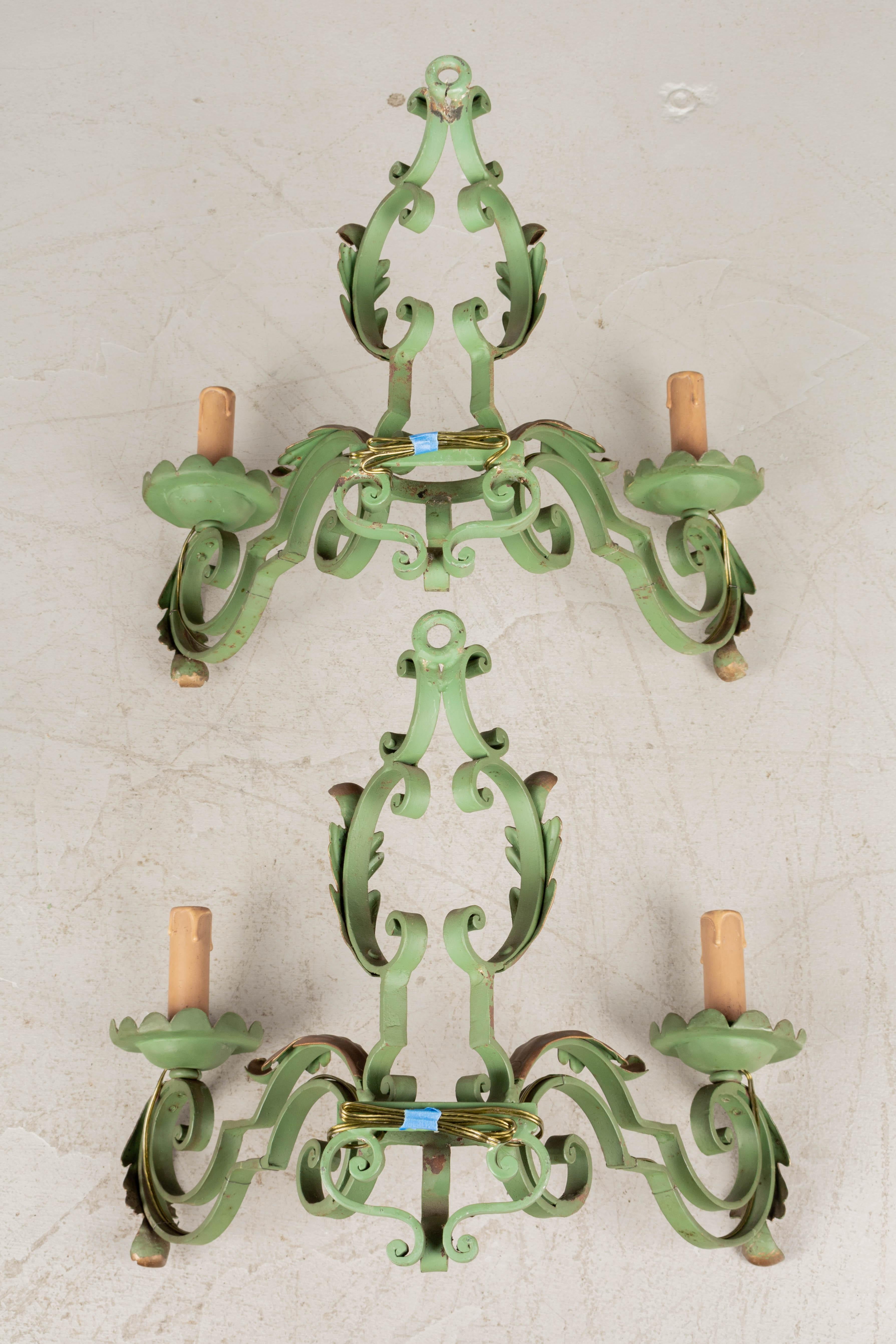 French Wrought Iron Verdigris Sconces Pair For Sale 4
