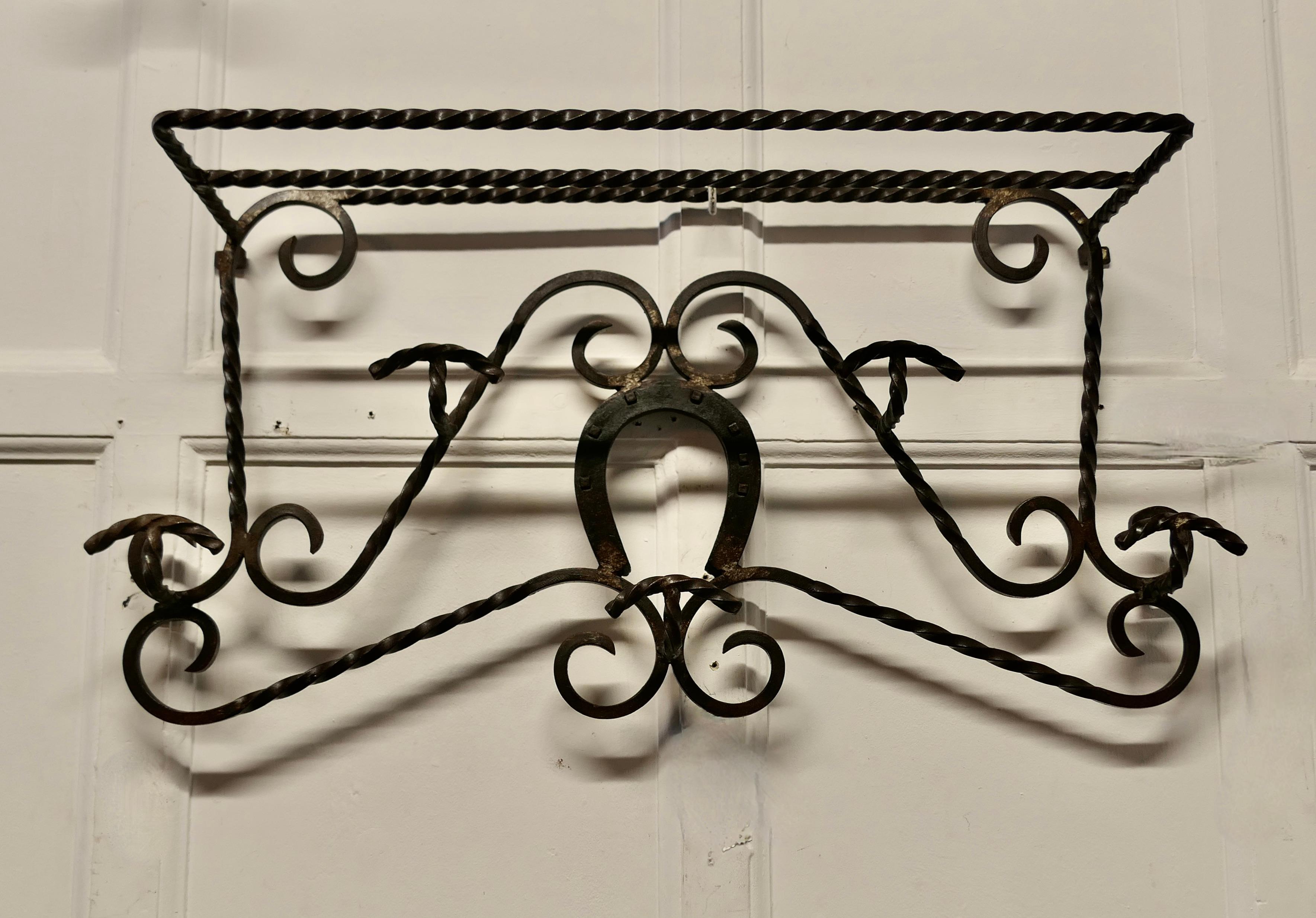 French Wrought Iron Wall Hanging Rack for Coats and Tack on a Horse Riding Theme For Sale 1