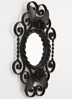 French 1940s Wrought Iron Mirror with Floral Scrollwork Frame