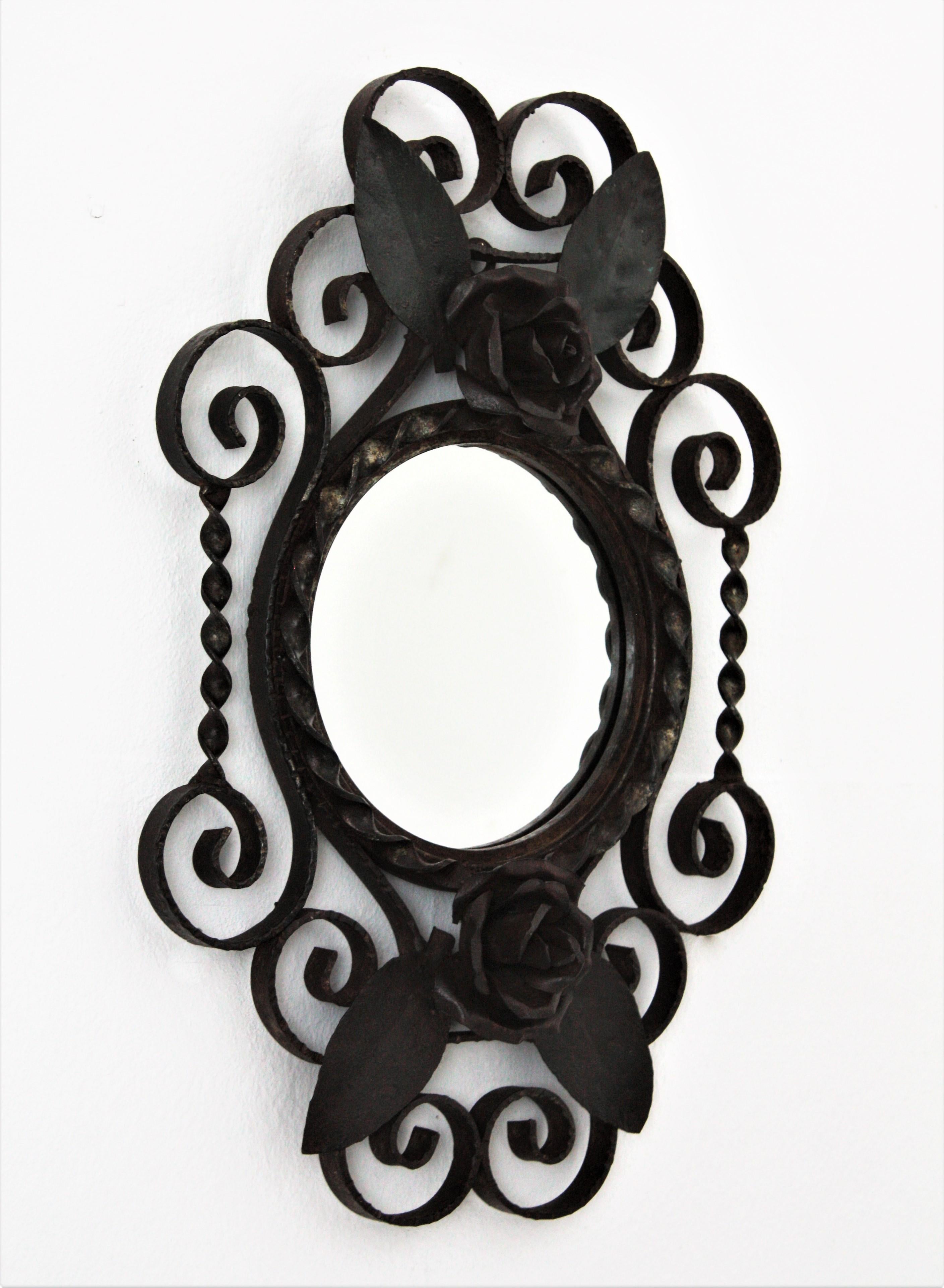 Neoclassical French 1940s Wrought Iron Mirror with Floral Scrollwork Frame For Sale