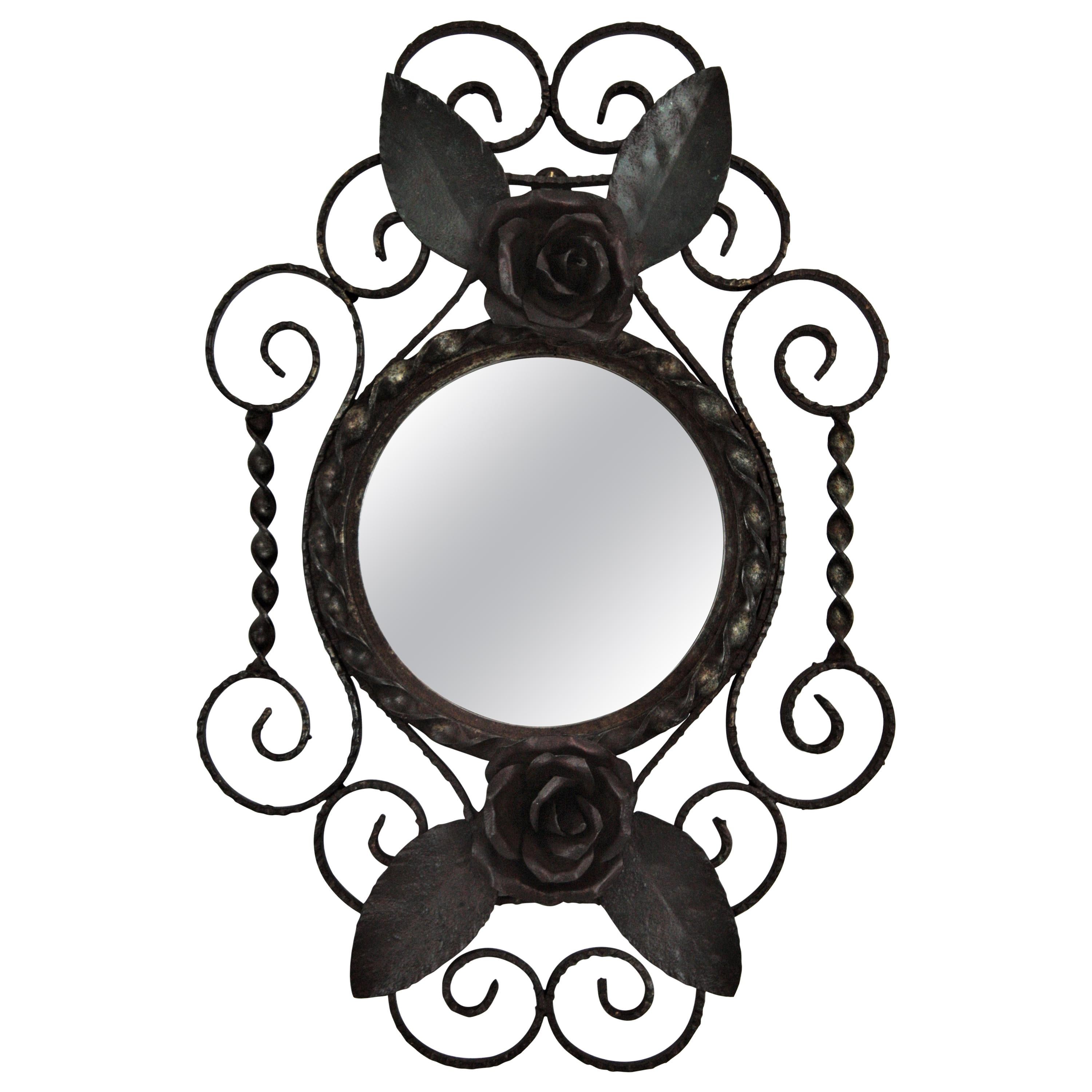 French 1940s Wrought Iron Mirror with Floral Scrollwork Frame