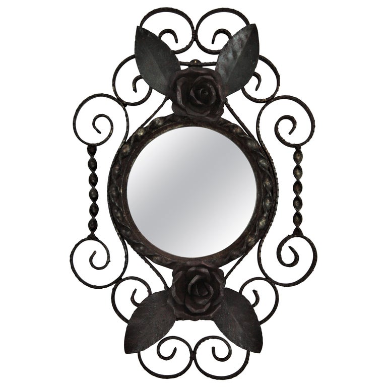 French Wrought Iron Wall Mirror with Scroll Work and Floral Details