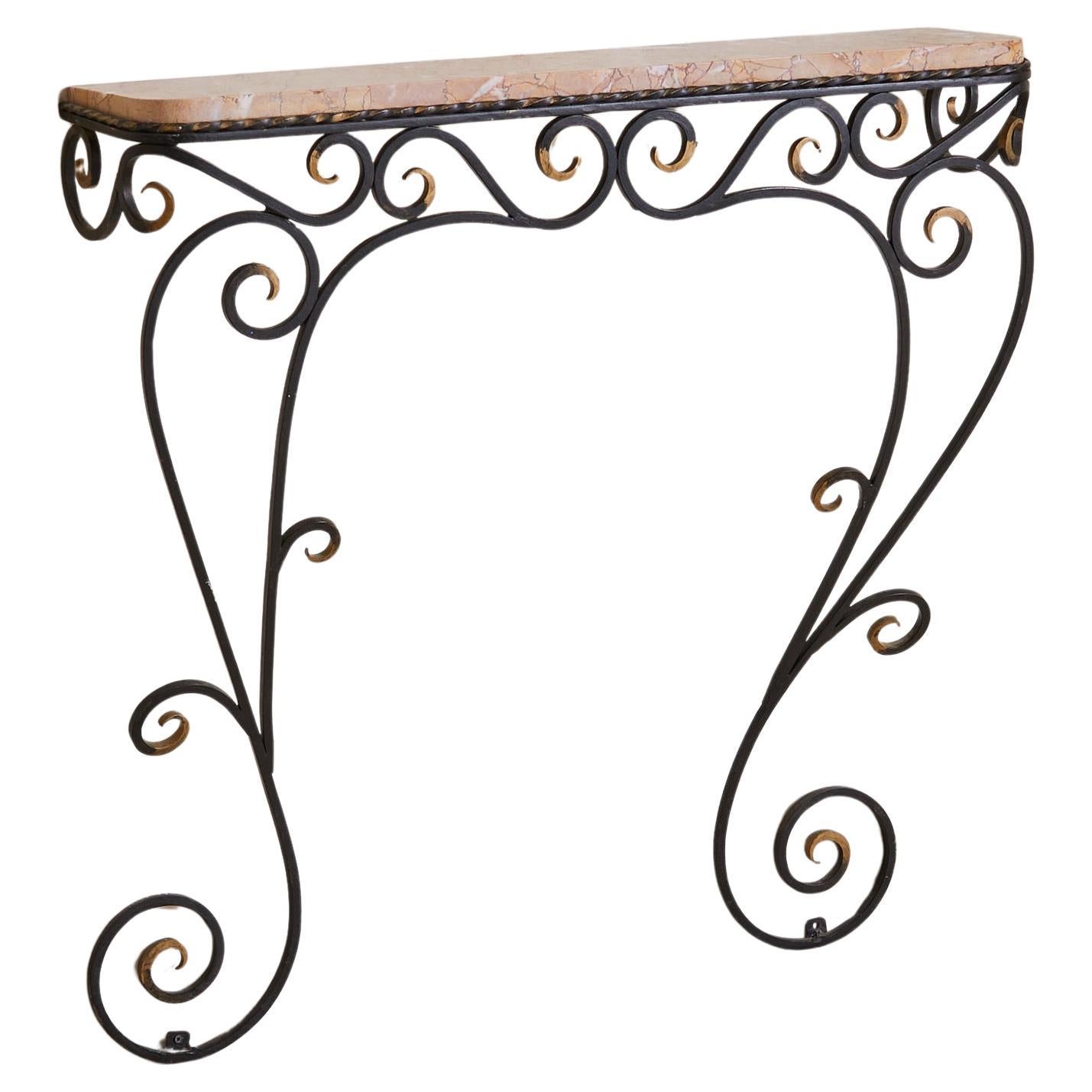 French Wrought Iron Wall-Mounted Console with Rose Marble Top, 1940s