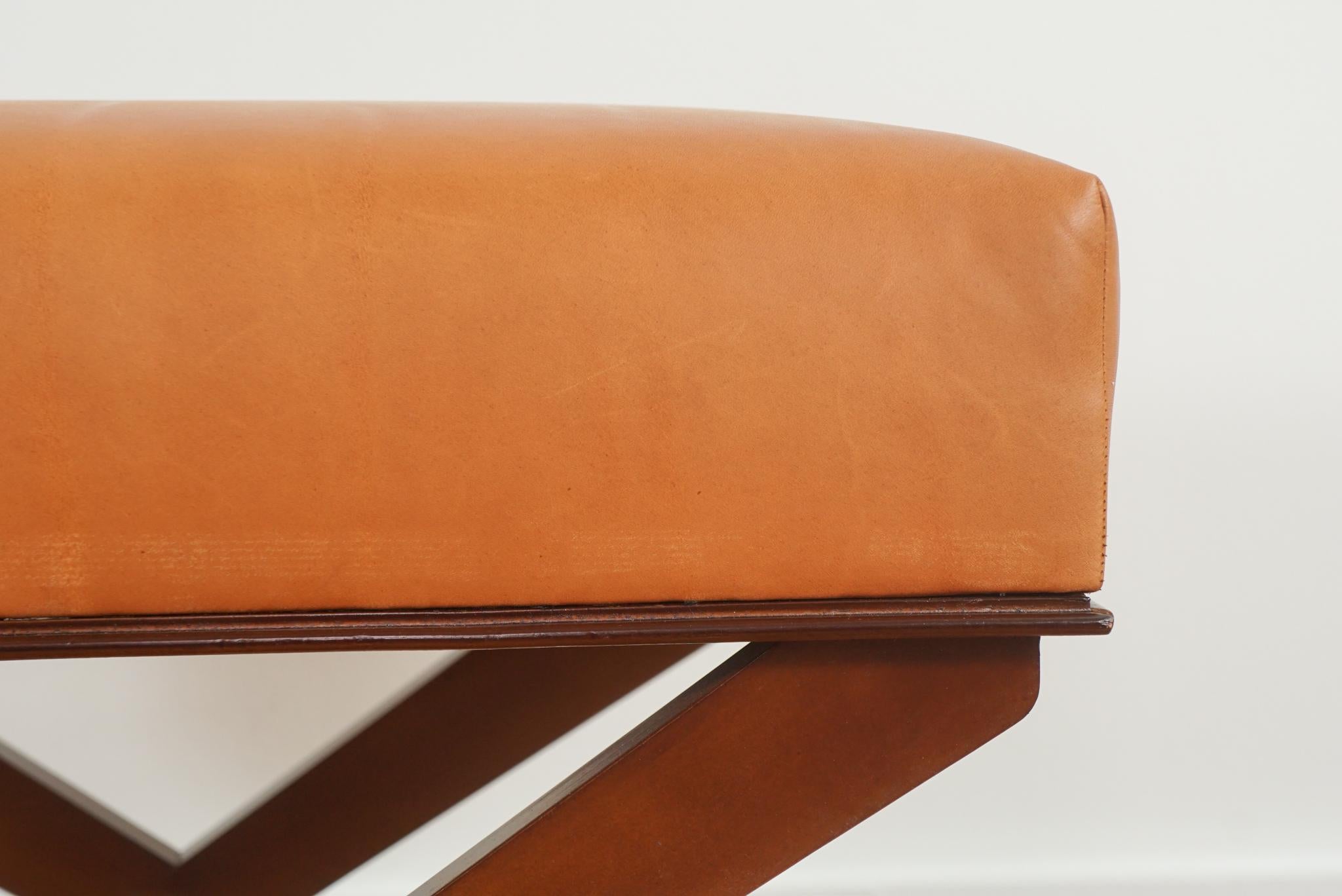 20th Century French X-Base Leather Upholstered Stool