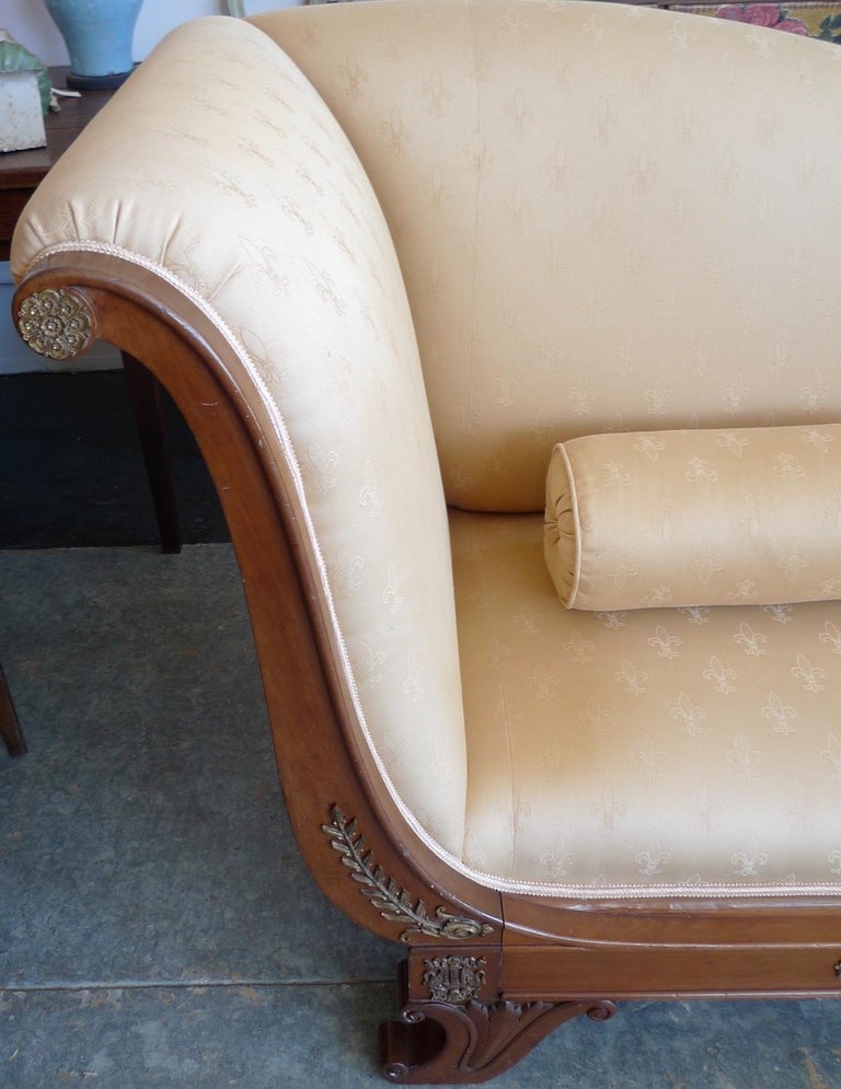French xix Empire Walnut Chaise Lounge Reupholstered with Vintage