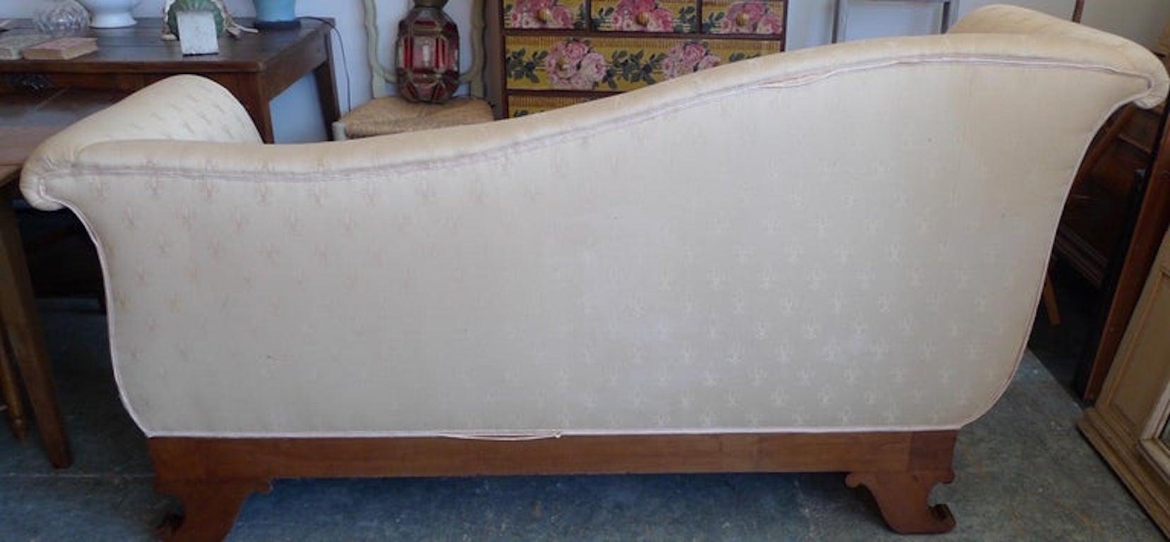 French xix Empire Walnut Chaise Lounge Reupholstered with Vintage Fabric 11