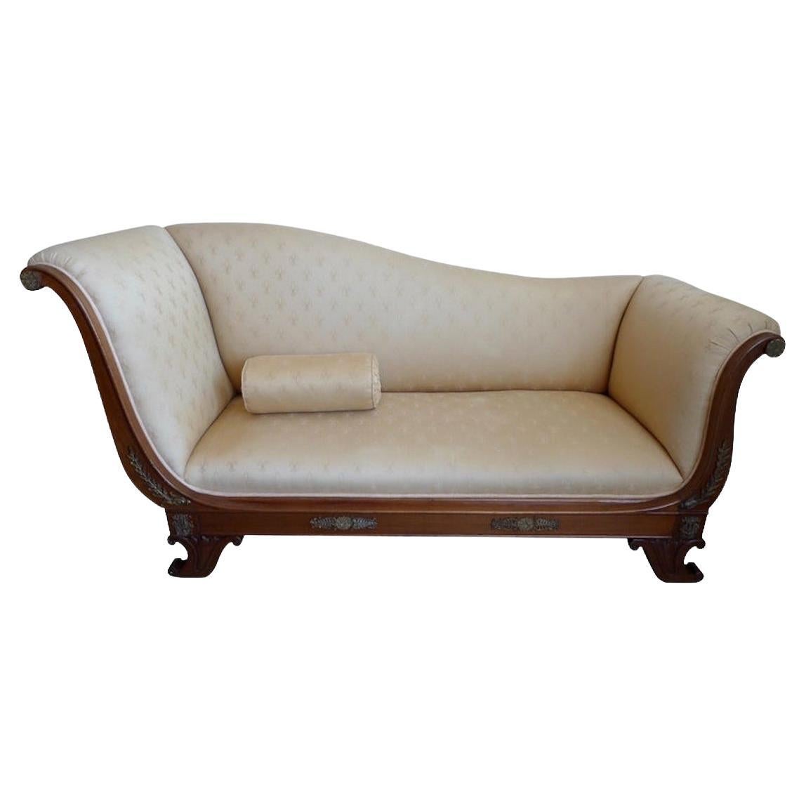 French xix Empire Walnut Chaise Lounge Reupholstered with Vintage Fabric
