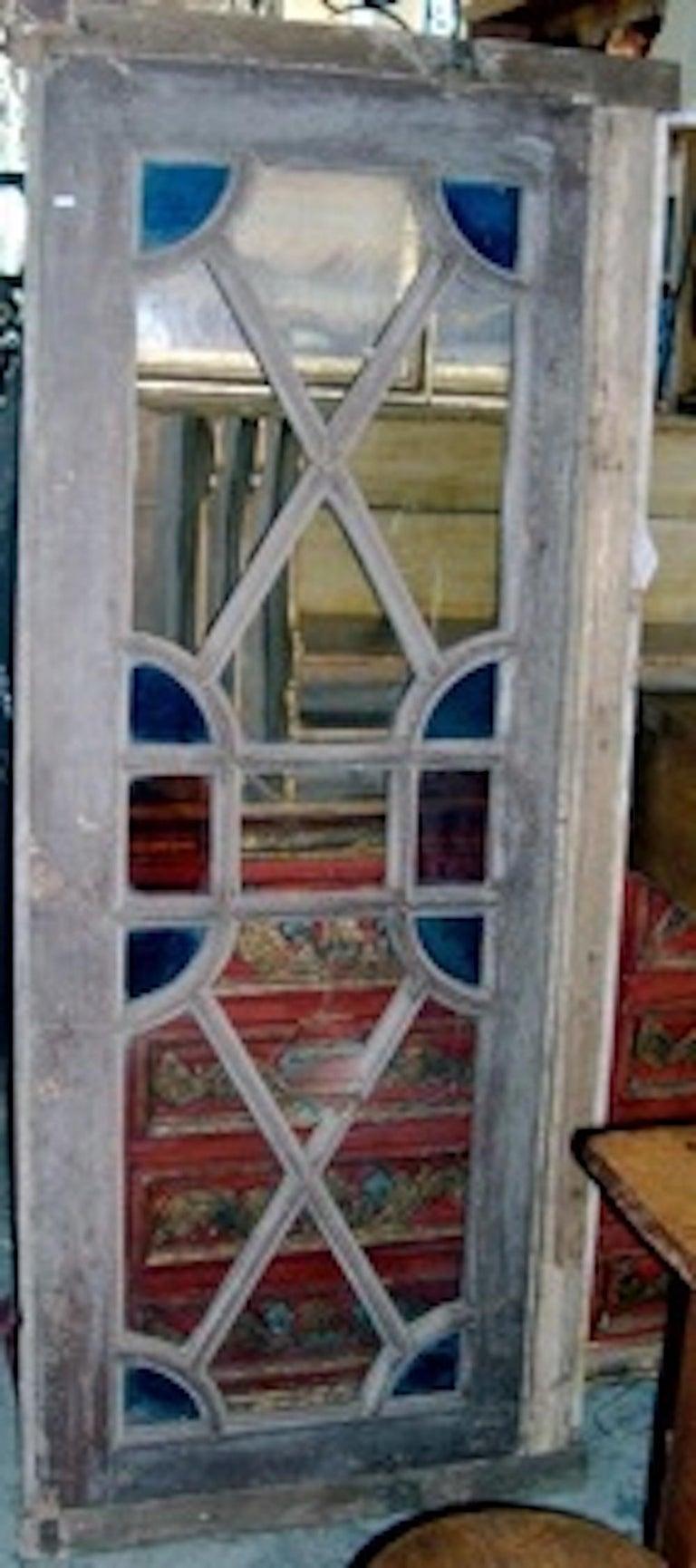 French 19th century Louis XVI stain glass framed window or door. 4 clear glass panels missing.
  