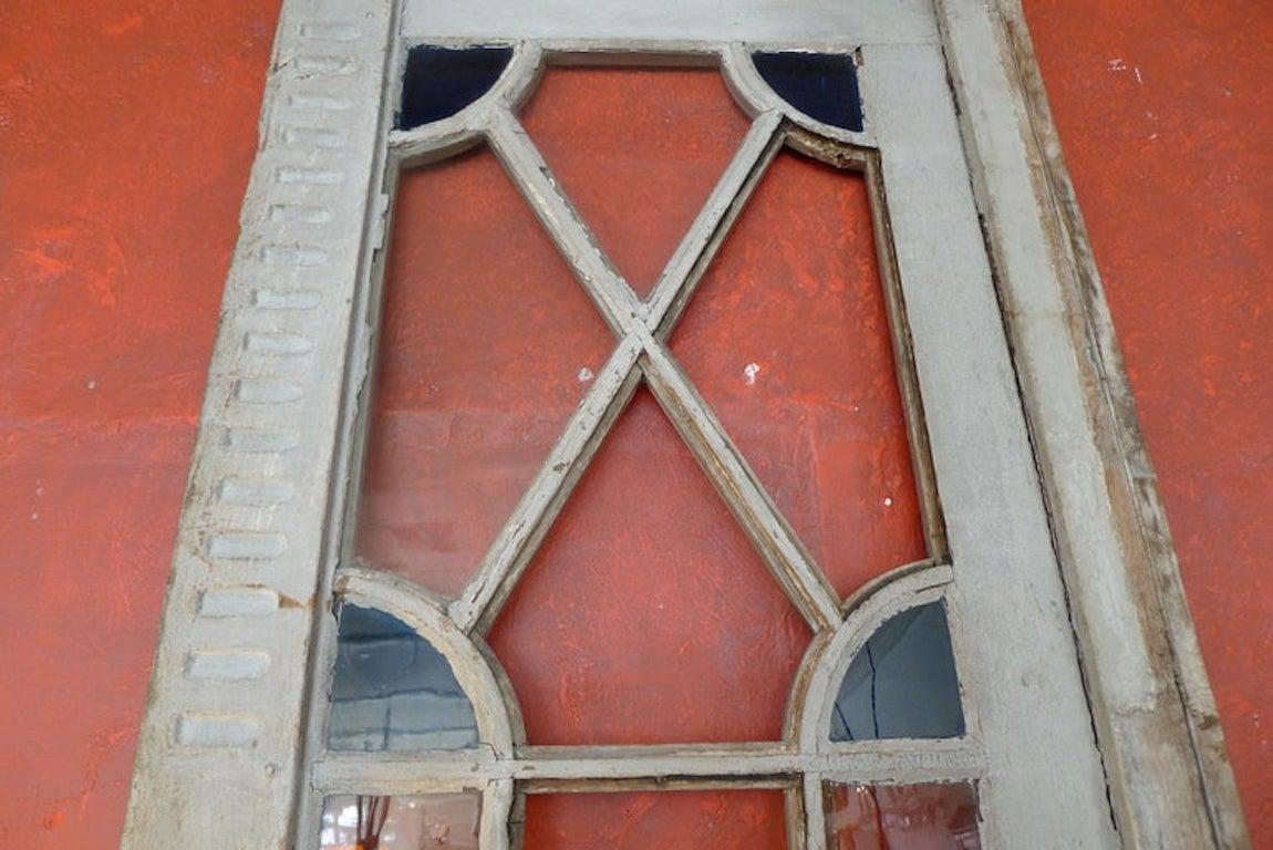 Hand-Painted French XIX Louis XVI Stain Glass Framed Window or Door, 4 Glass Panels Missing For Sale