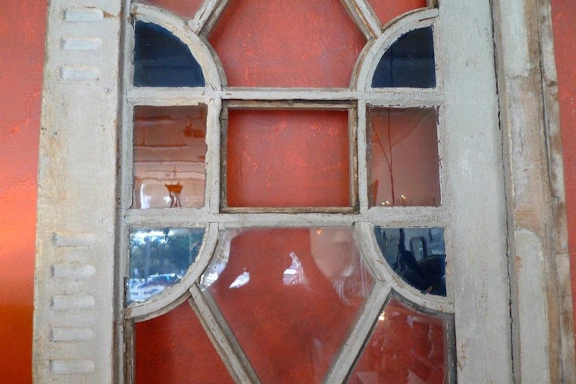 French XIX Louis XVI Stain Glass Framed Window or Door, 4 Glass Panels Missing In Distressed Condition For Sale In Santa Monica, CA