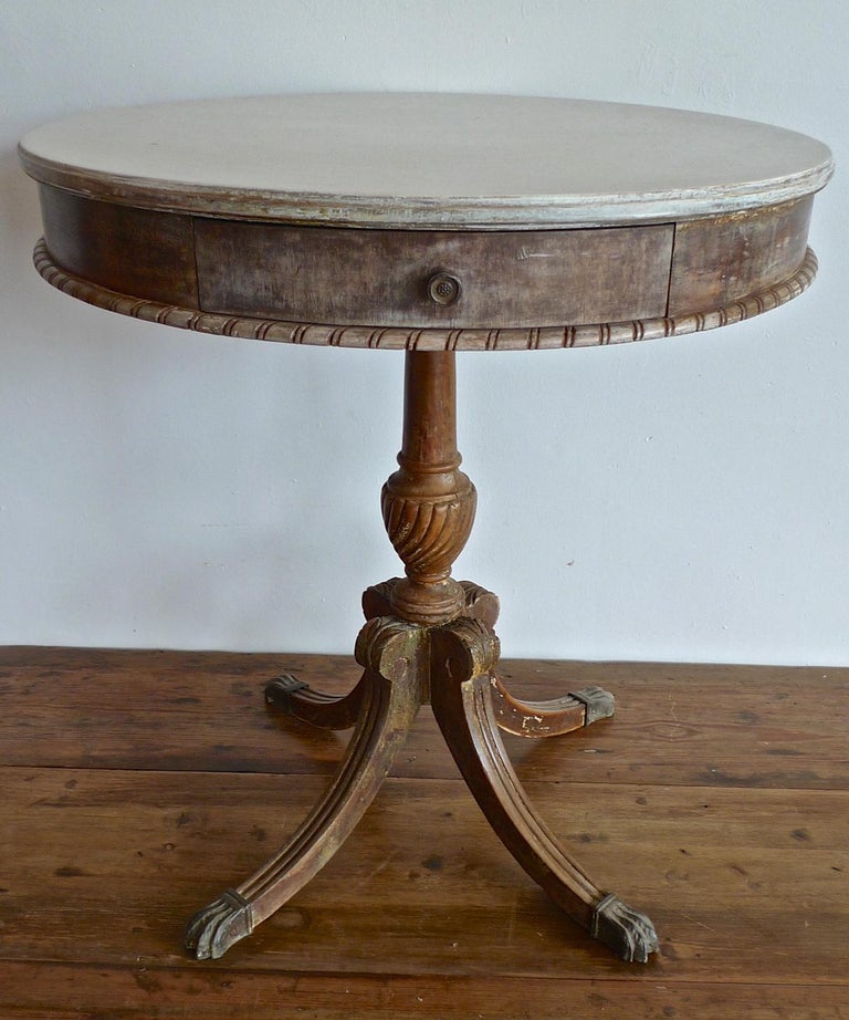 French 19th Century Painted Round Pedestal Side Table with One Drawer