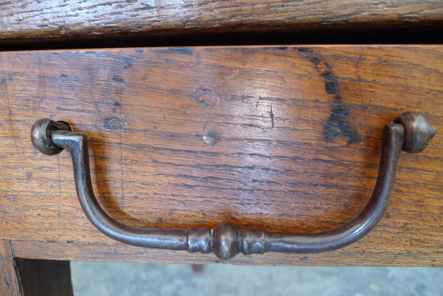 French XIX Walnut Dining Table or Desk with 3 Drawers and Original Hardware. 12