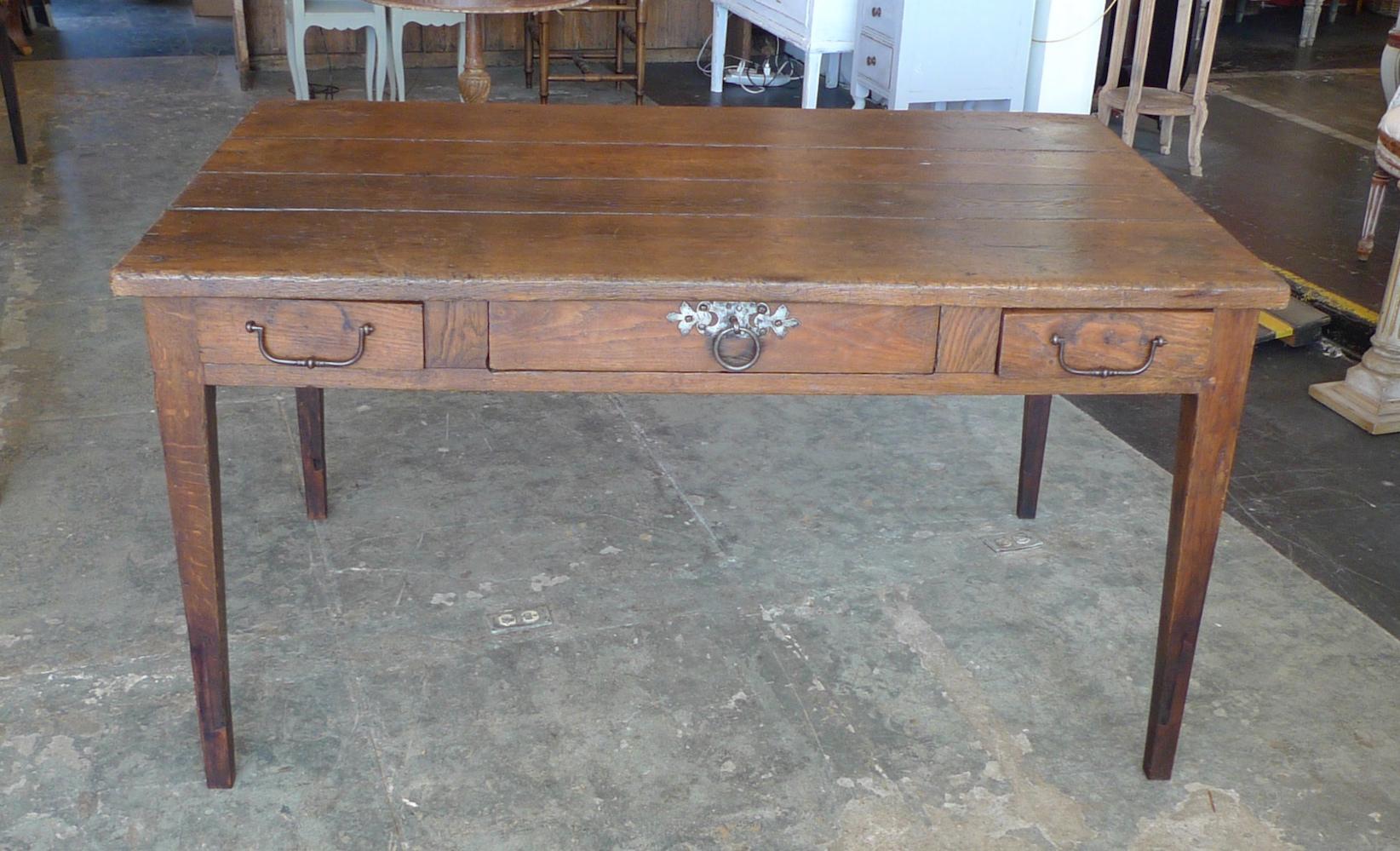 Stained French XIX Walnut Dining Table or Desk with 3 Drawers and Original Hardware.