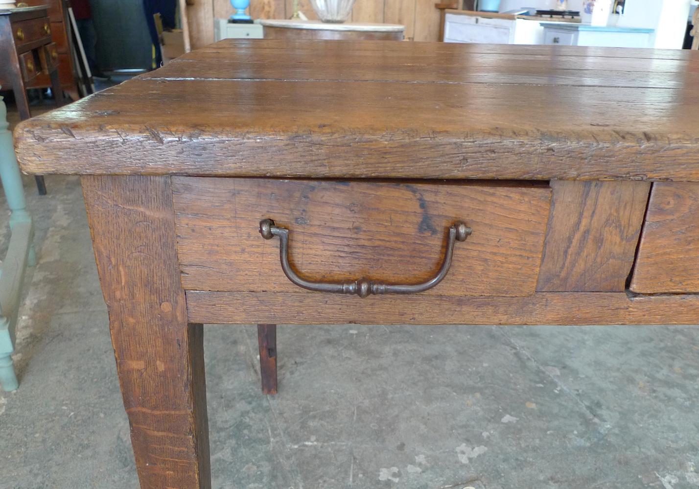 19th Century French XIX Walnut Dining Table or Desk with 3 Drawers and Original Hardware.