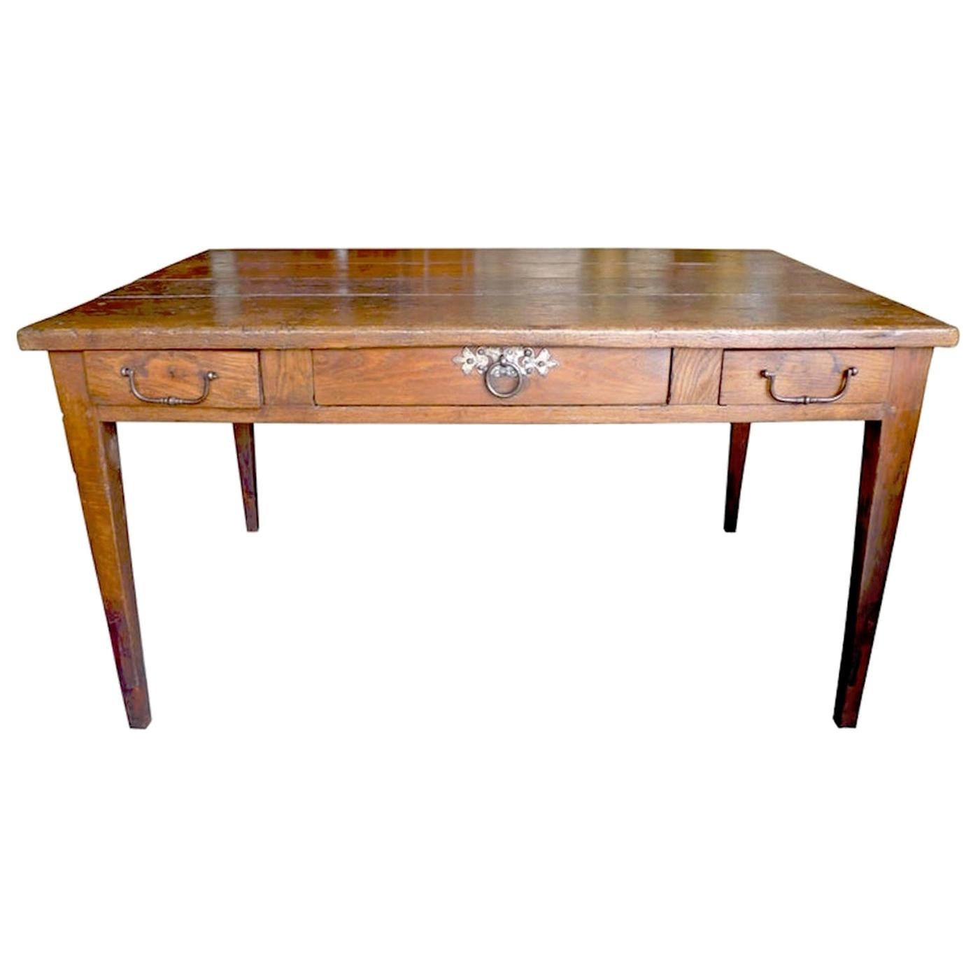 French XIX Walnut Dining Table or Desk with 3 Drawers and Original Hardware.