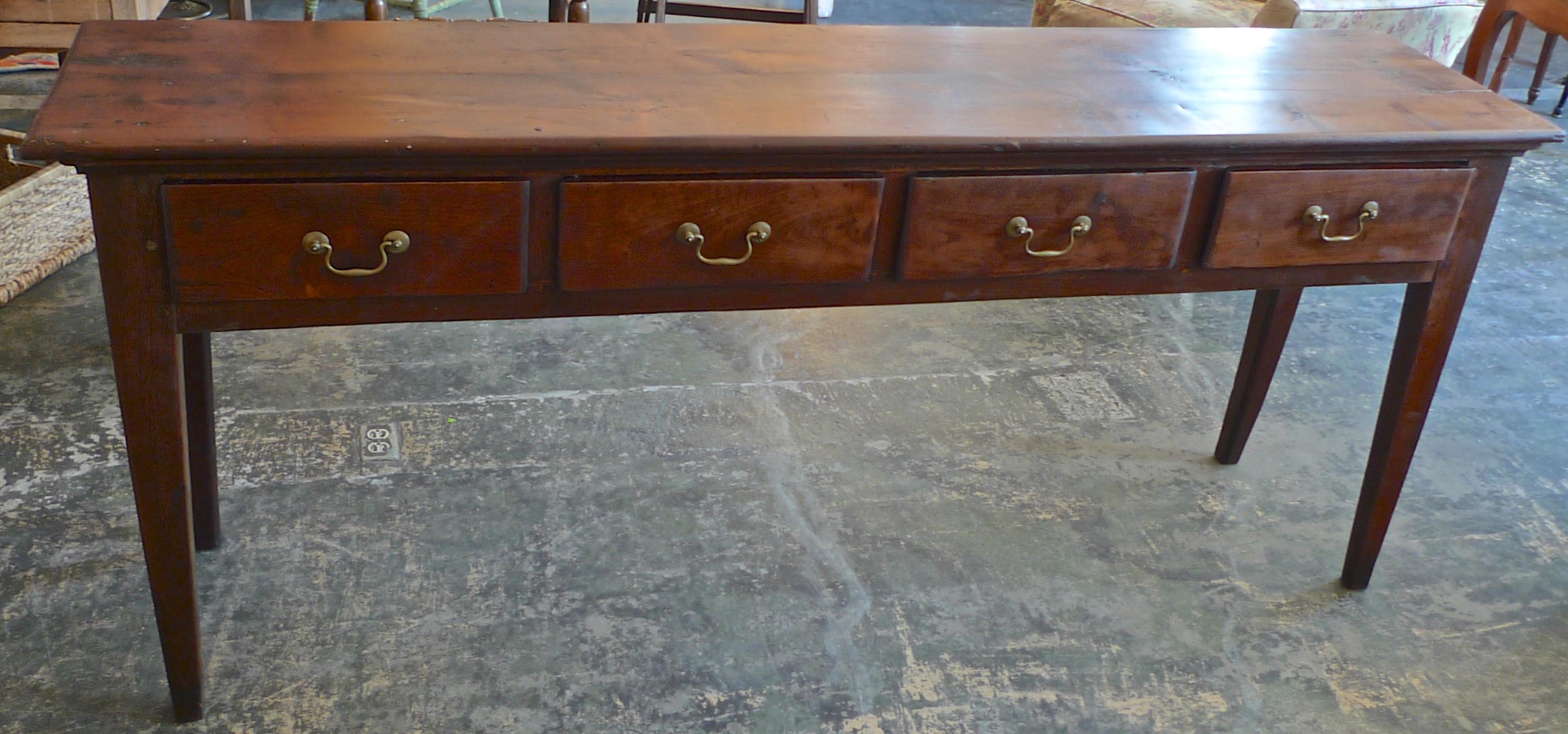 French XIX Stained Walnut Slim Console with 4 Drawers and Original Hardware In Distressed Condition In Santa Monica, CA