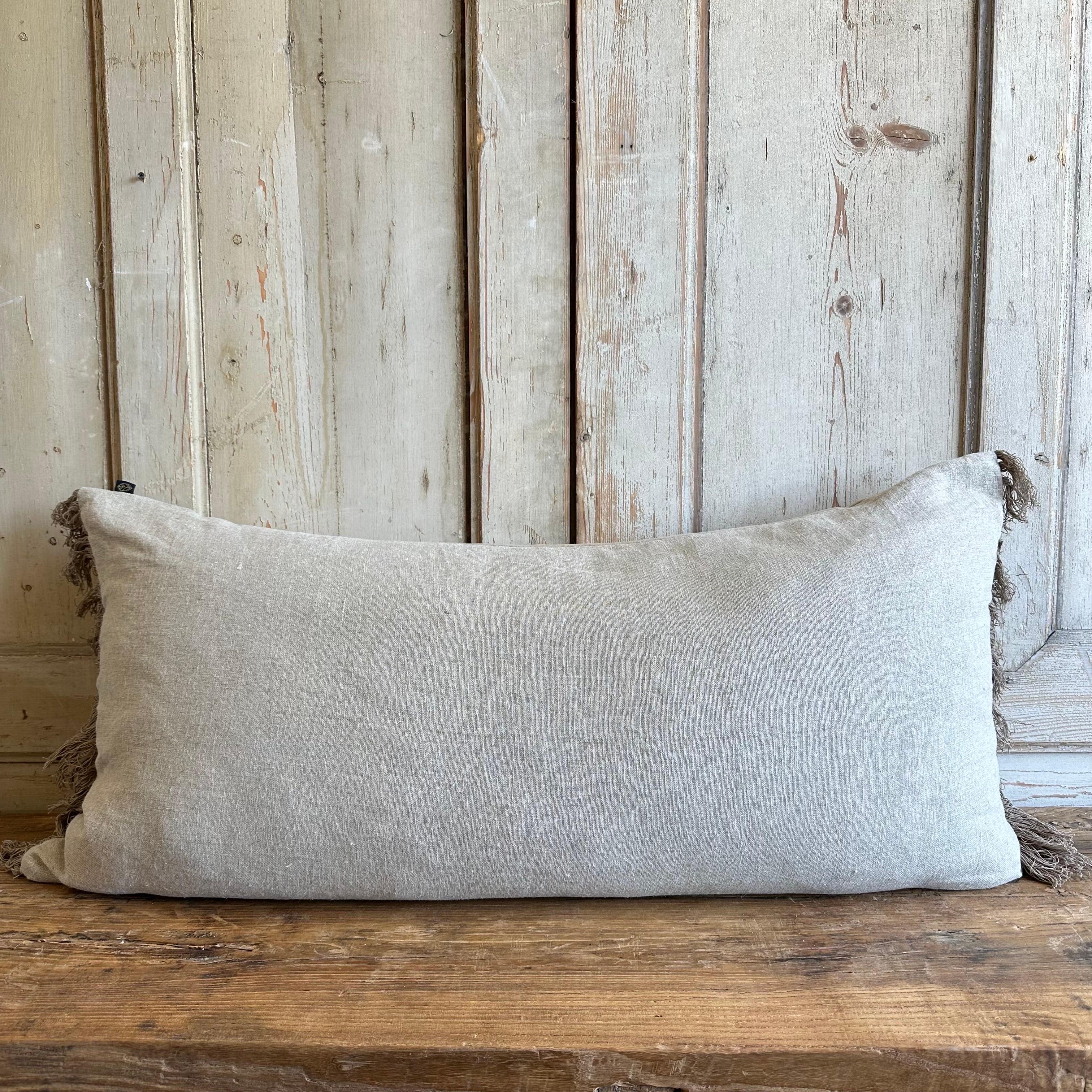 French XL King Size Lumbar Linen Pillow with Fringe Edges In New Condition For Sale In Brea, CA