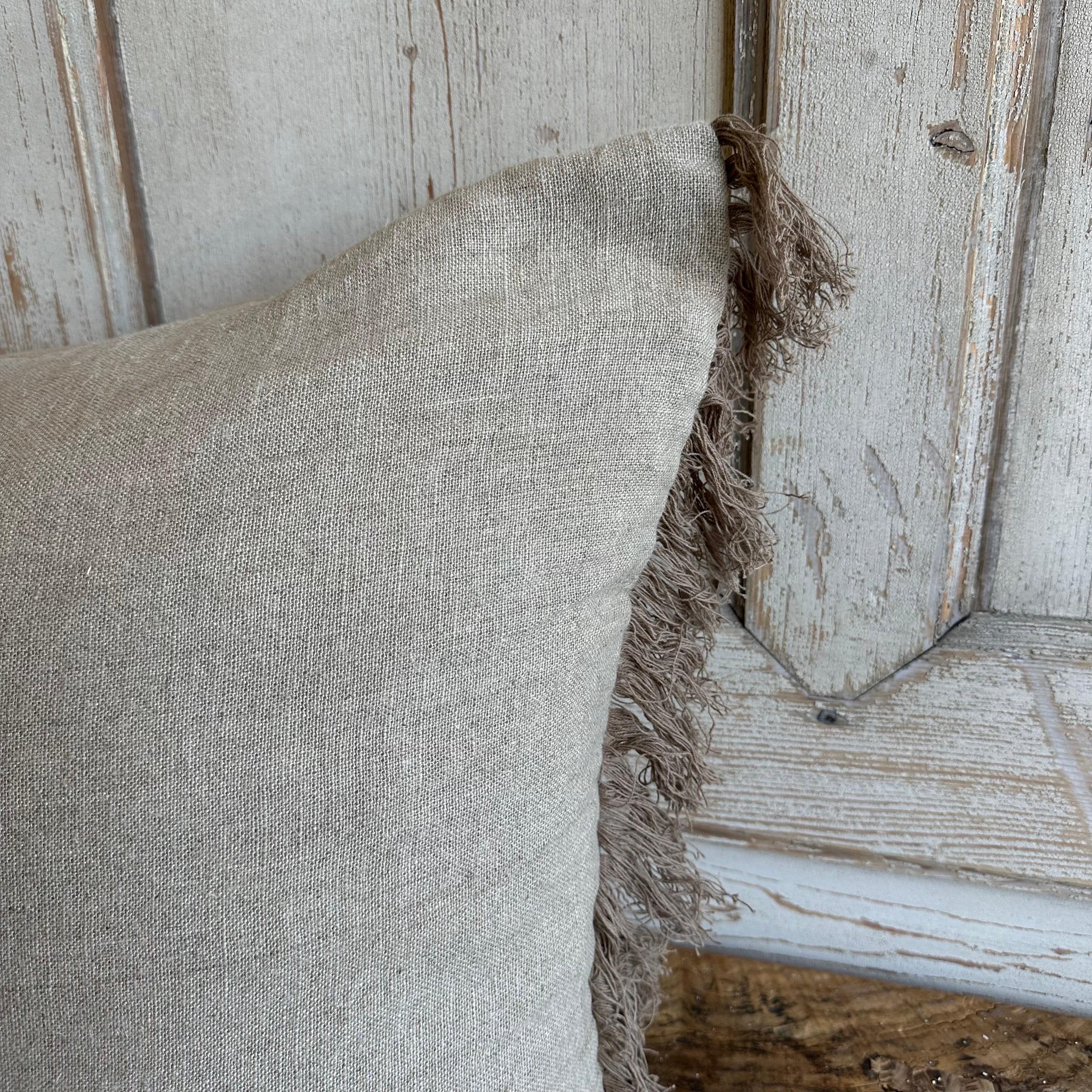 Contemporary French XL King Size Lumbar Linen Pillow with Fringe Edges For Sale