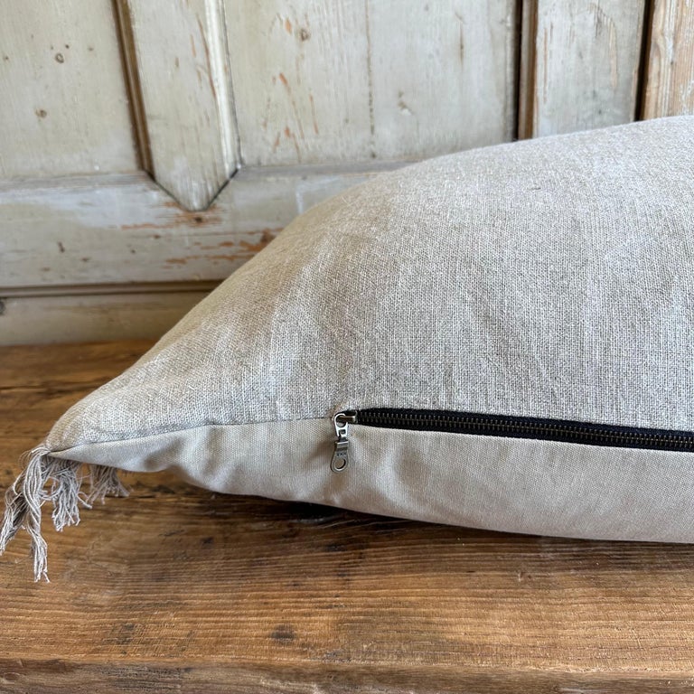 French XL King Size Lumbar Linen Pillow with Fringe Edges For Sale at