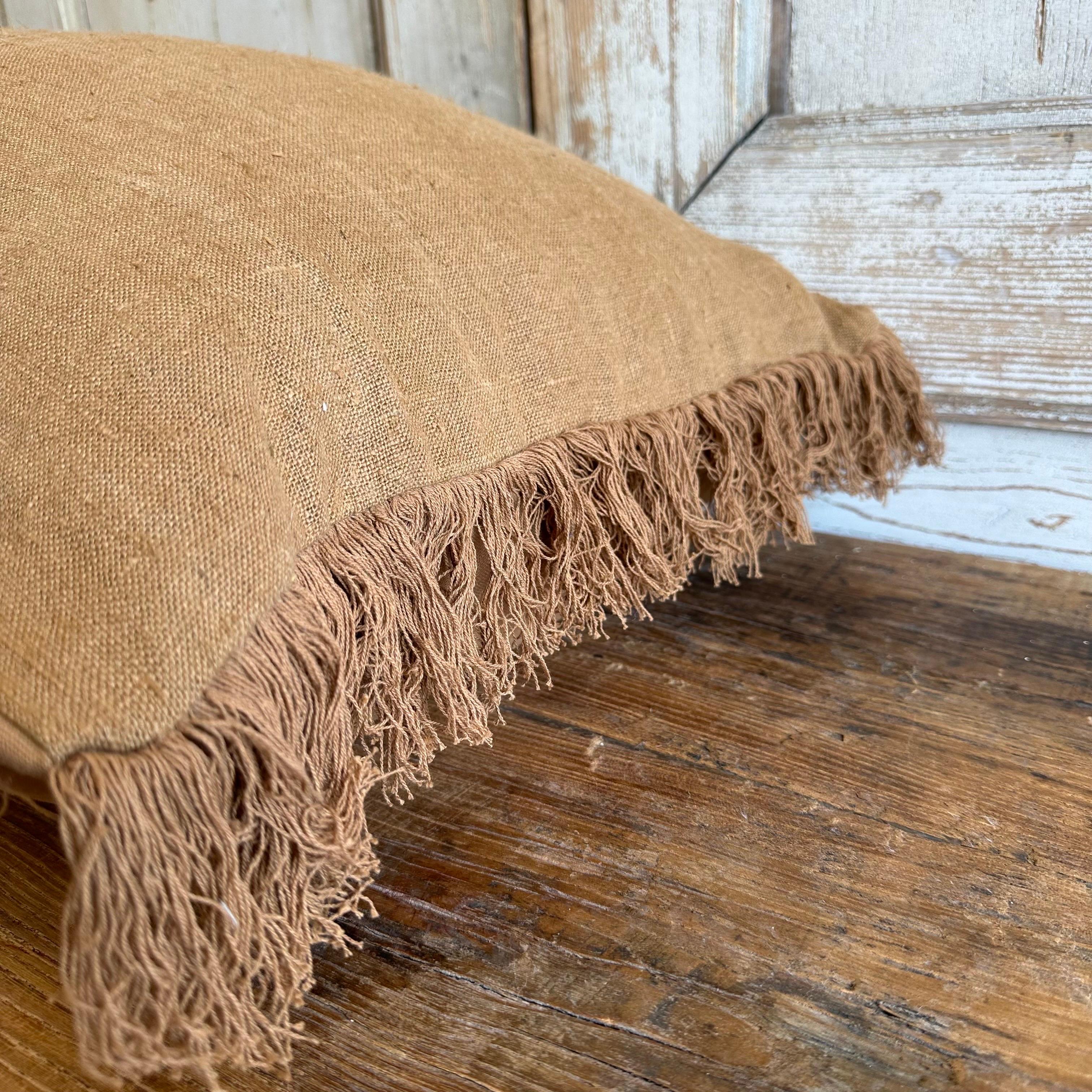 French XL King Size Lumbar Linen Pillow with Fringe Edges For Sale 1