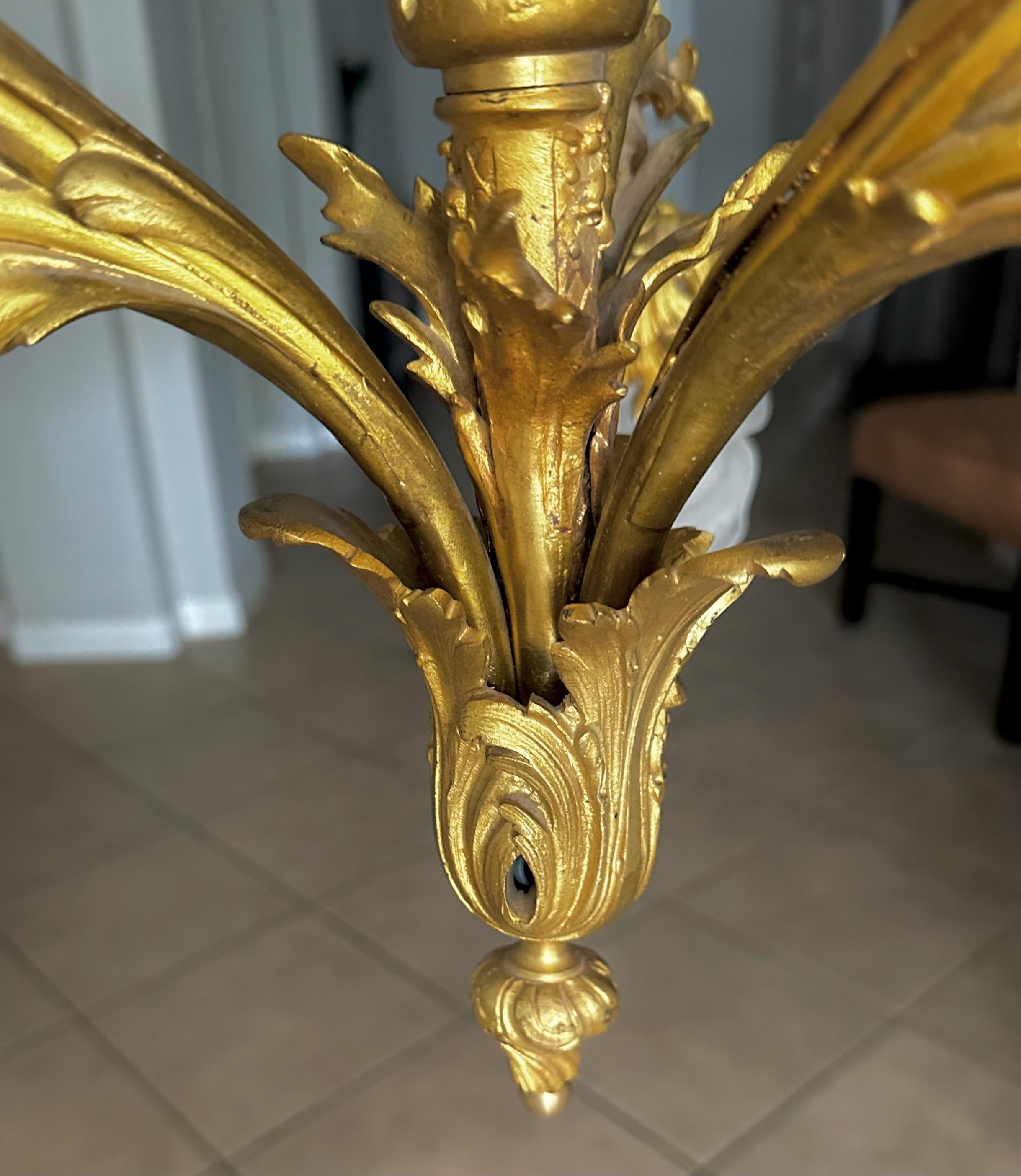 French XV Style Gilt bronze Rose Glass Pendant Chandelier 5