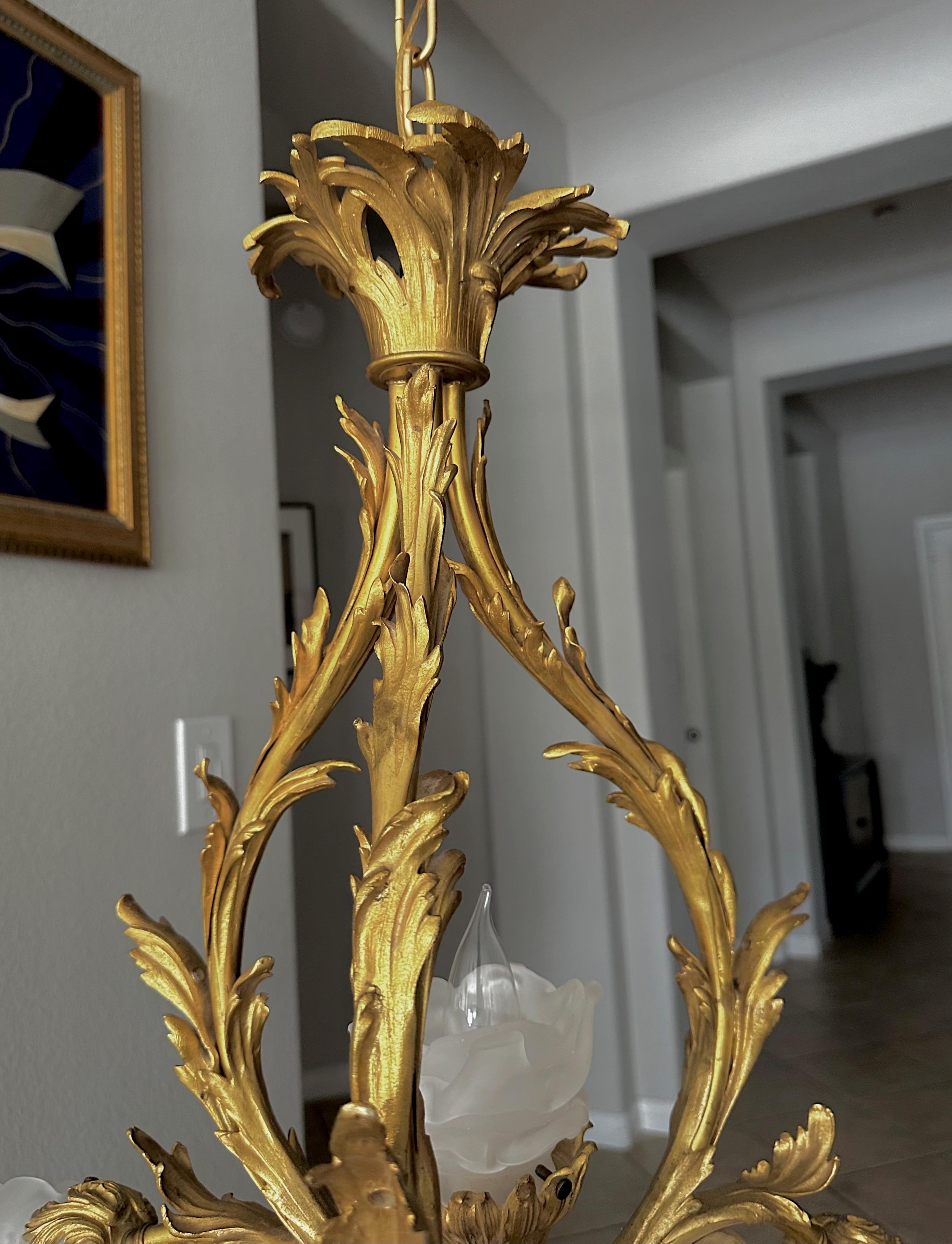French XV Style Gilt bronze Rose Glass Pendant Chandelier 10