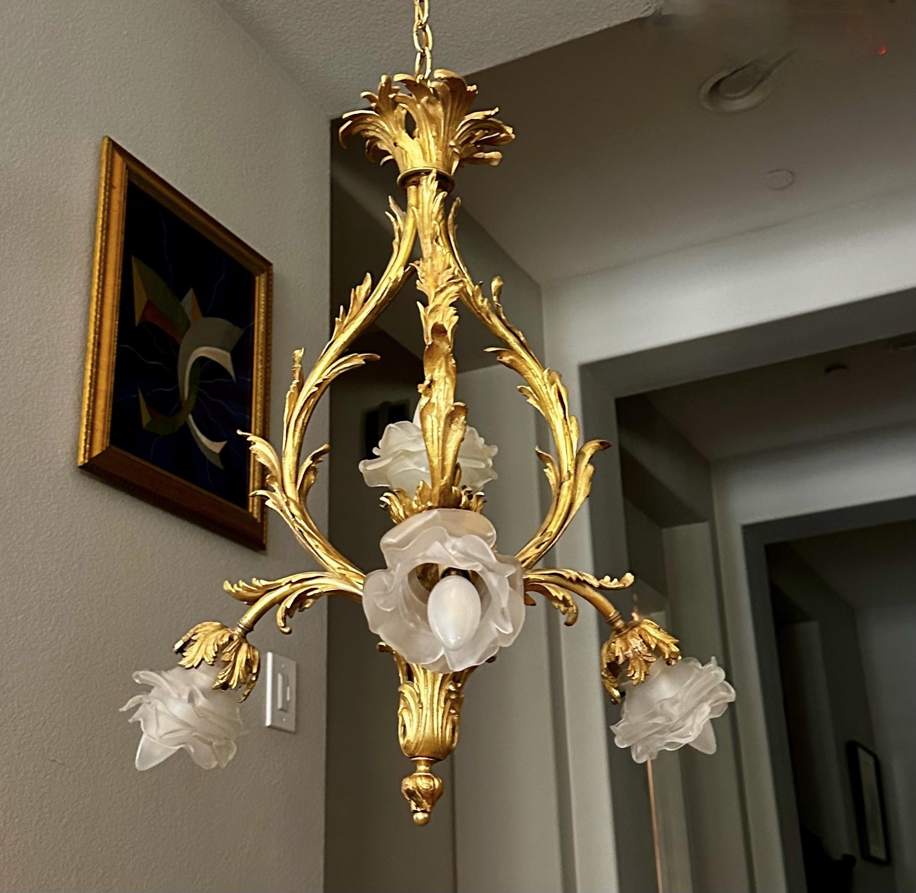 Colgante o araña de bronce dorado estilo Luis XV con influencia rococó. Tulipas de capullo de rosa de cristal esmerilado sobre 5 brazos enrollados con detalles foliados. Utiliza 5 bombillas tamaño candelabro, recién cableadas. 
Tamaño de la