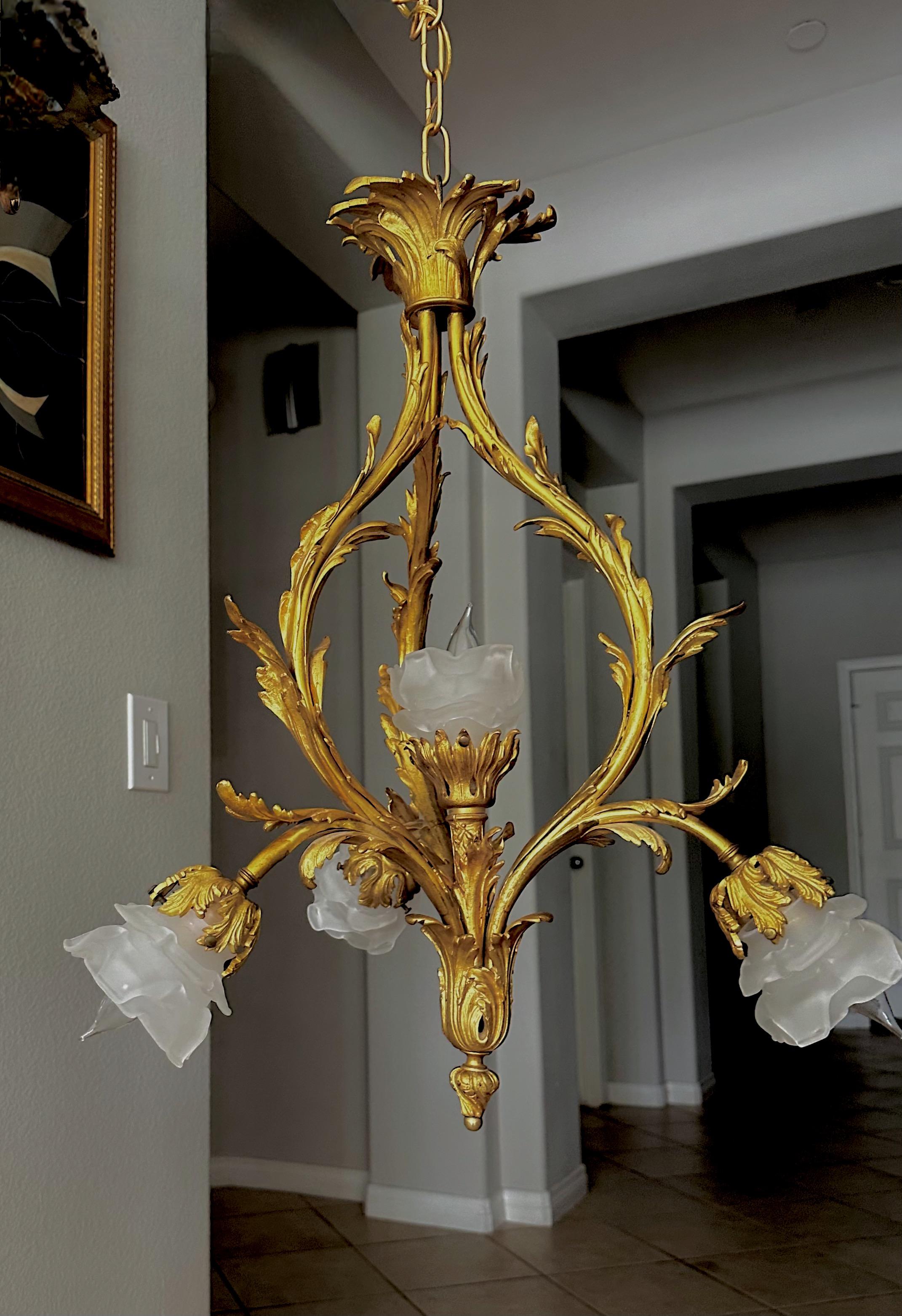 French XV Style Gilt bronze Rose Glass Pendant Chandelier 15