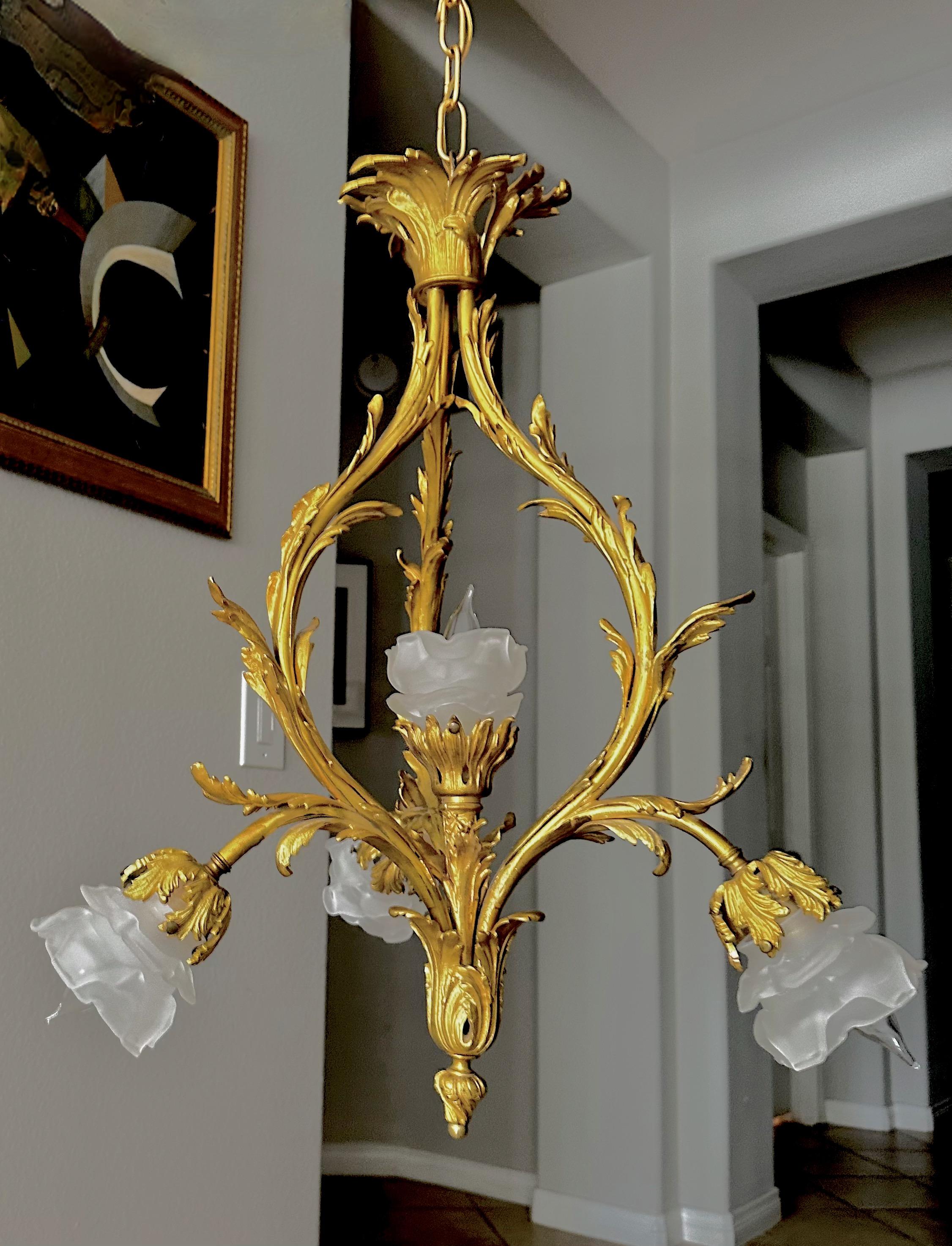 Mid-20th Century French XV Style Gilt bronze Rose Glass Pendant Chandelier