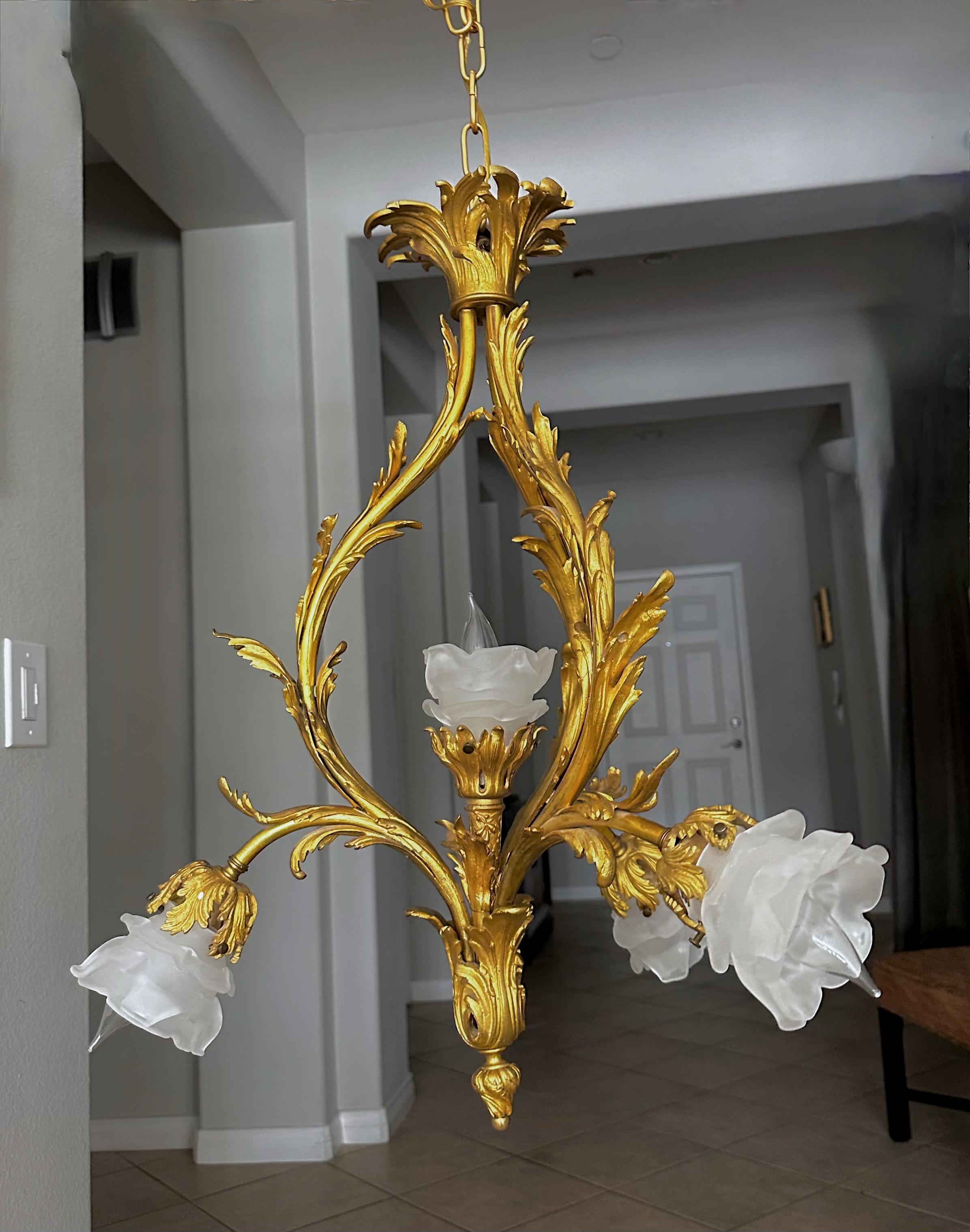 French XV Style Gilt bronze Rose Glass Pendant Chandelier 1