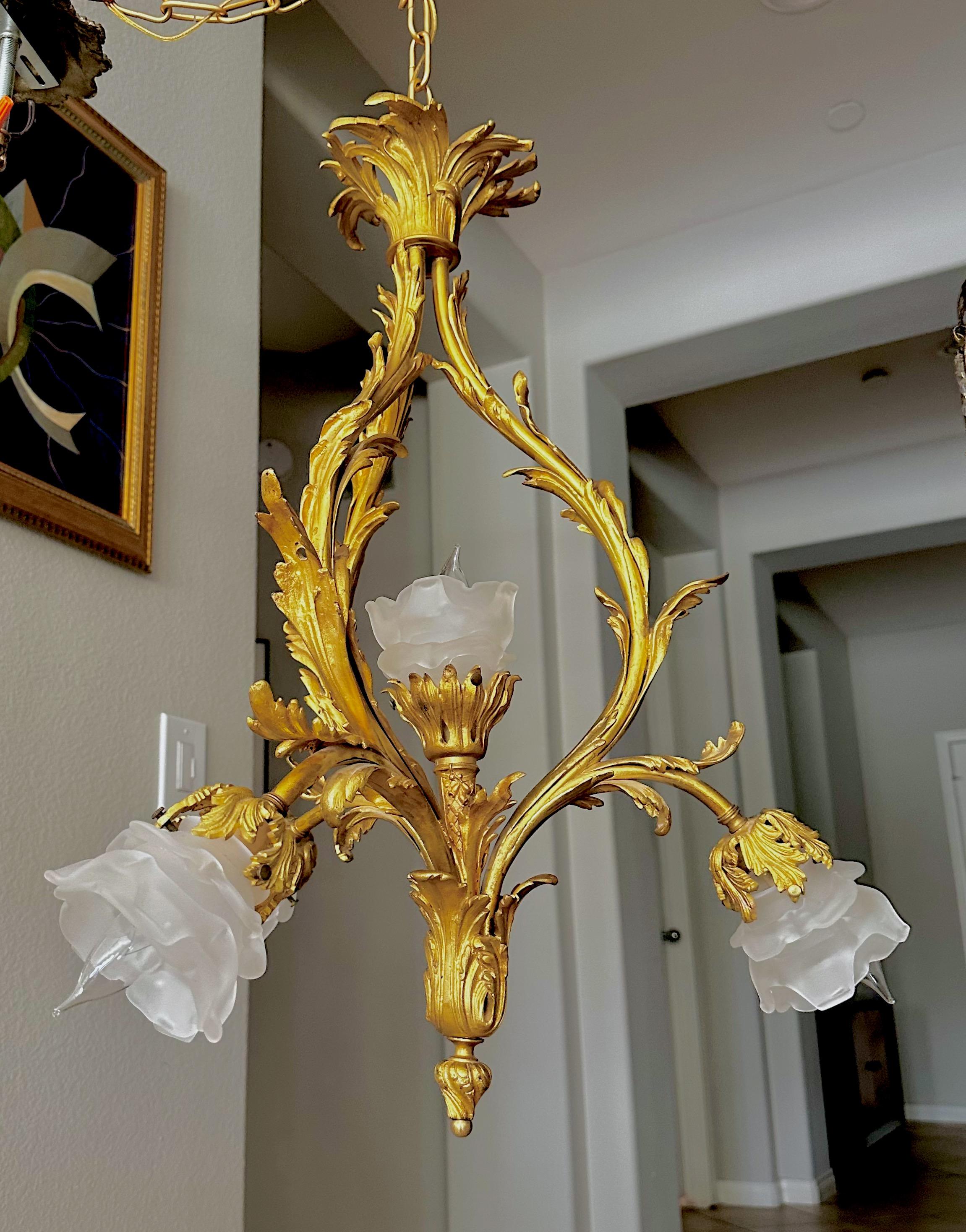 French XV Style Gilt bronze Rose Glass Pendant Chandelier 3