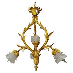 Antique French XV Style Gilt bronze Rose Glass Pendant Chandelier