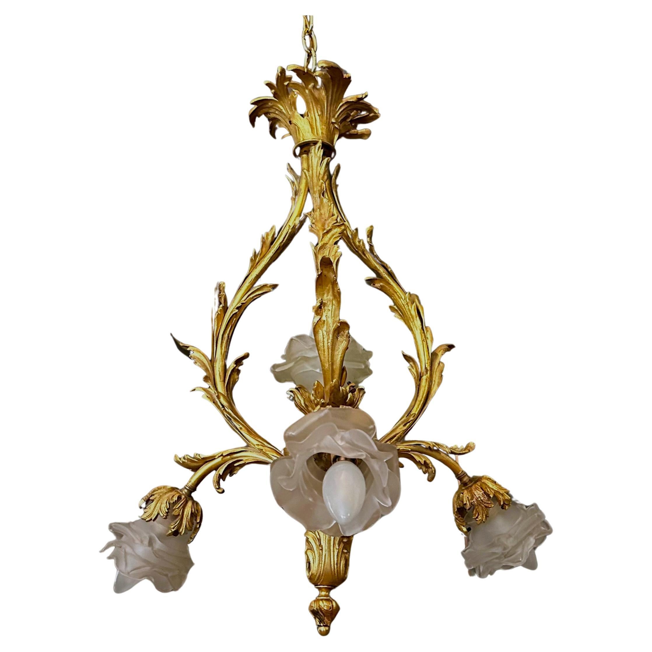 French XV Style Gilt bronze Rose Glass Pendant Chandelier