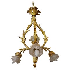 French XV Style Gilt bronze Rose Glass Pendant Chandelier