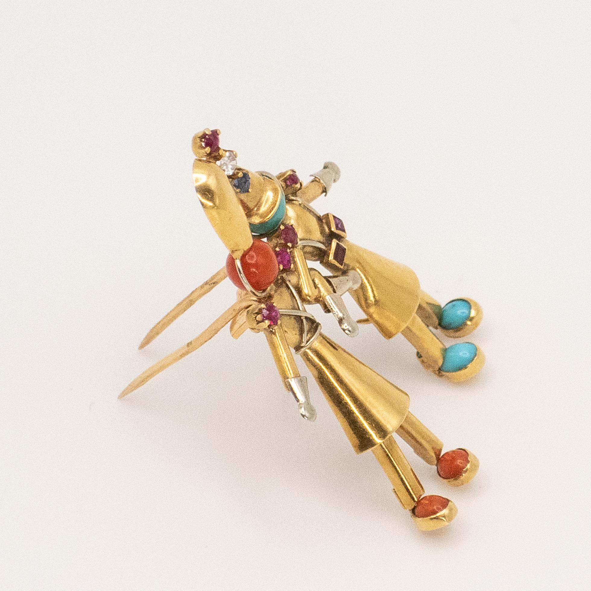 French Yaeche Freres 18K Yellow Gold Diamond Coral Turquoise Fur Clip For Sale 6