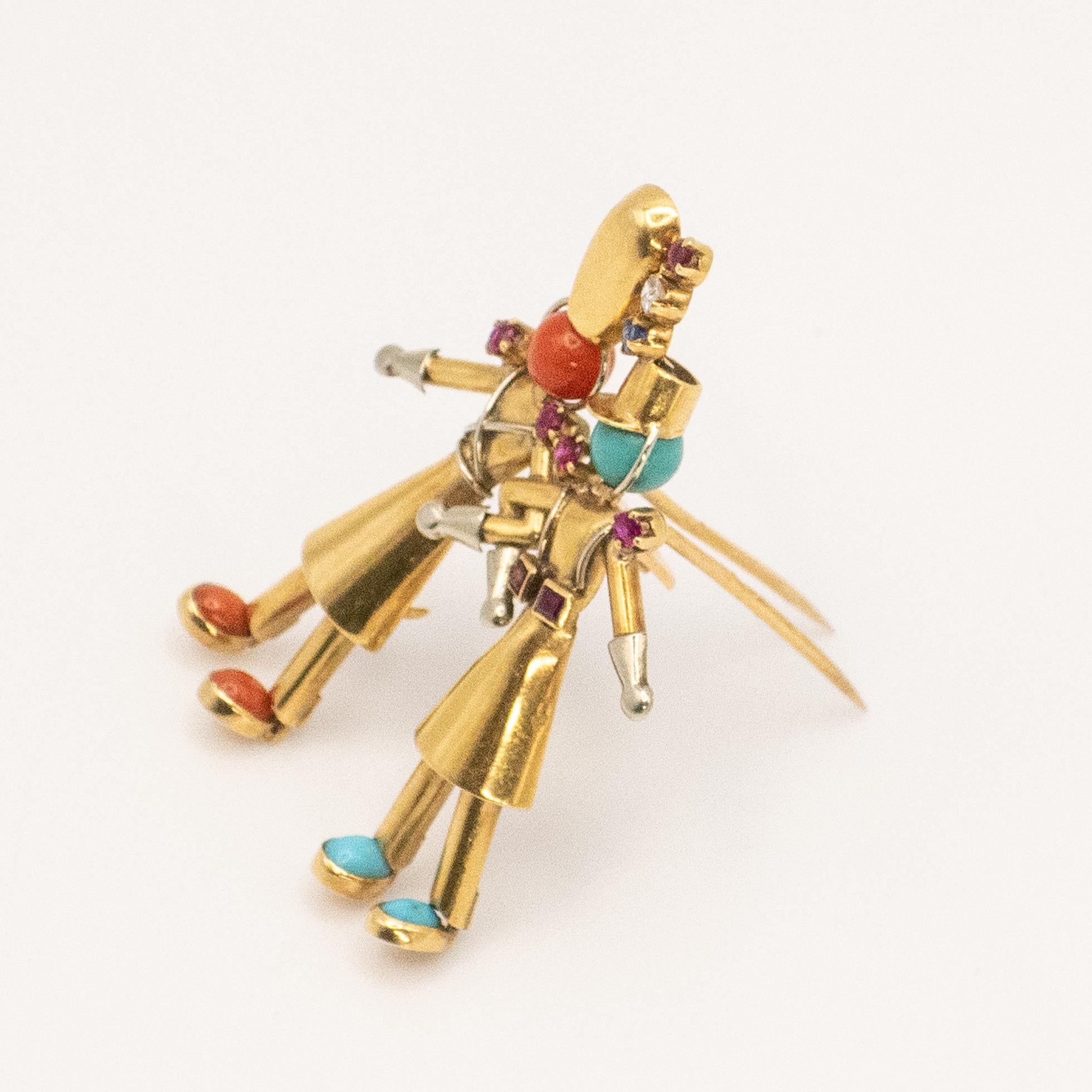 French Yaeche Freres 18K Yellow Gold Diamond Coral Turquoise Fur Clip For Sale 7