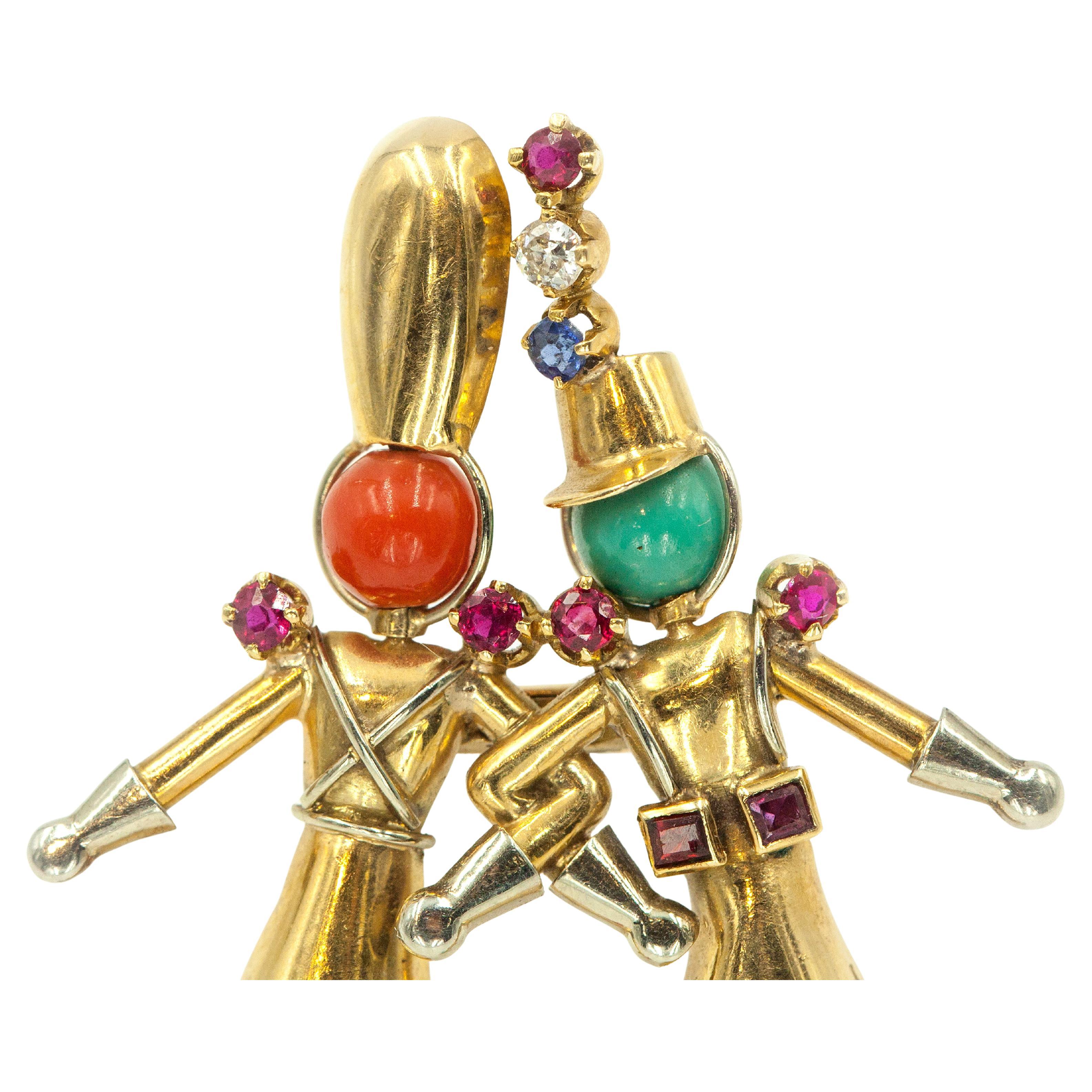 French Yaeche Freres 18K Yellow Gold Diamond Coral Turquoise Fur Clip For Sale 1