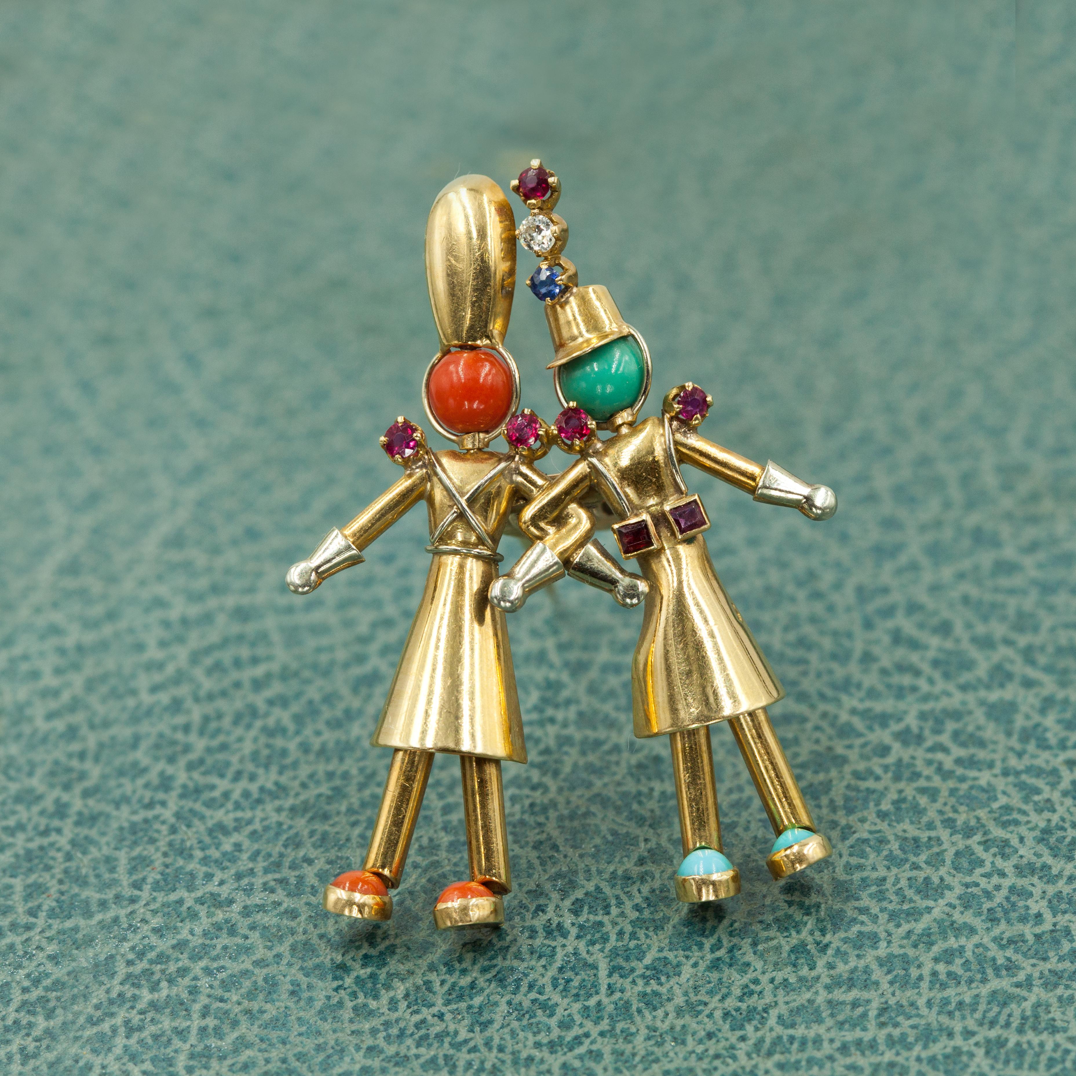 Modern French Yaeche Freres 18K Yellow Gold Diamond Coral Turquoise Fur Clip For Sale