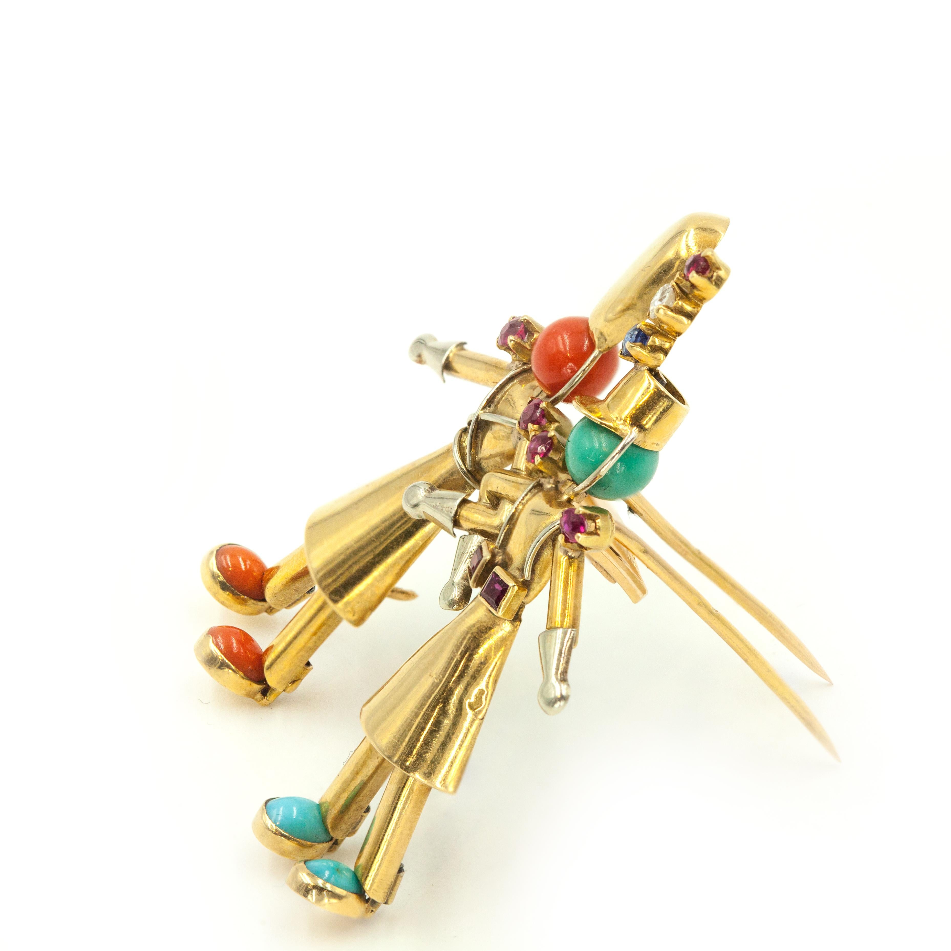 Round Cut French Yaeche Freres 18K Yellow Gold Diamond Coral Turquoise Fur Clip For Sale